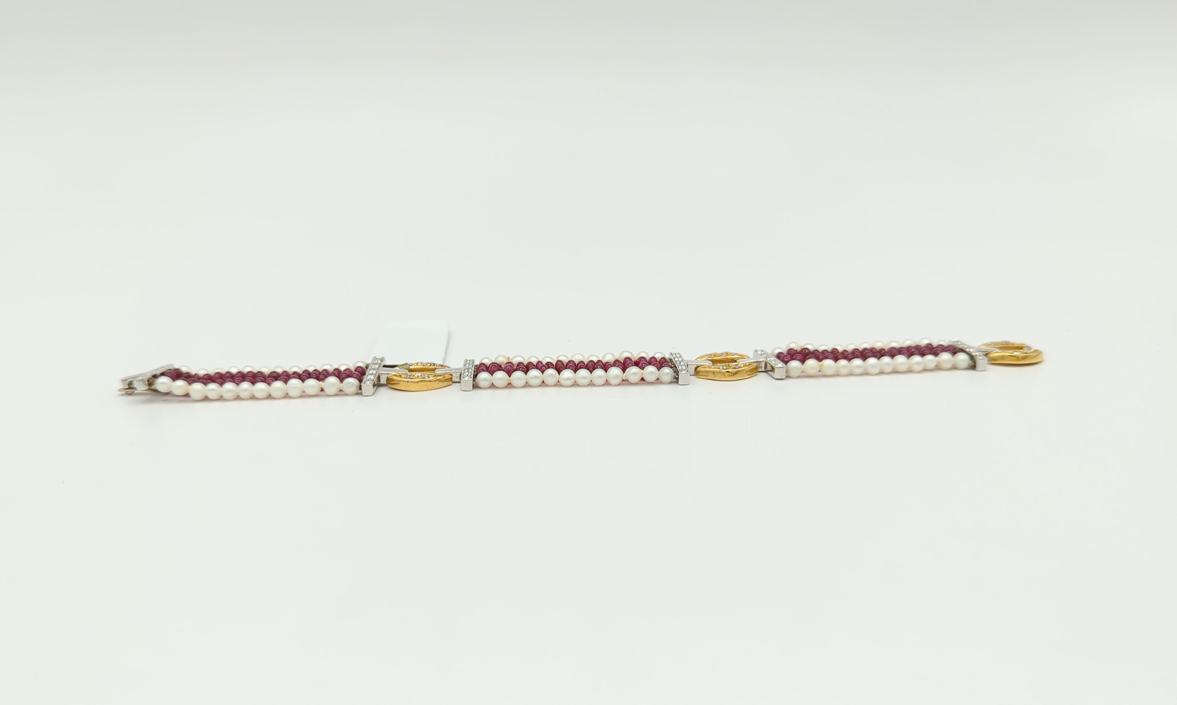 Ruby Bead, White Pearl, and White Diamond Bracelet in 18K 2 Tone Gold For Sale 5