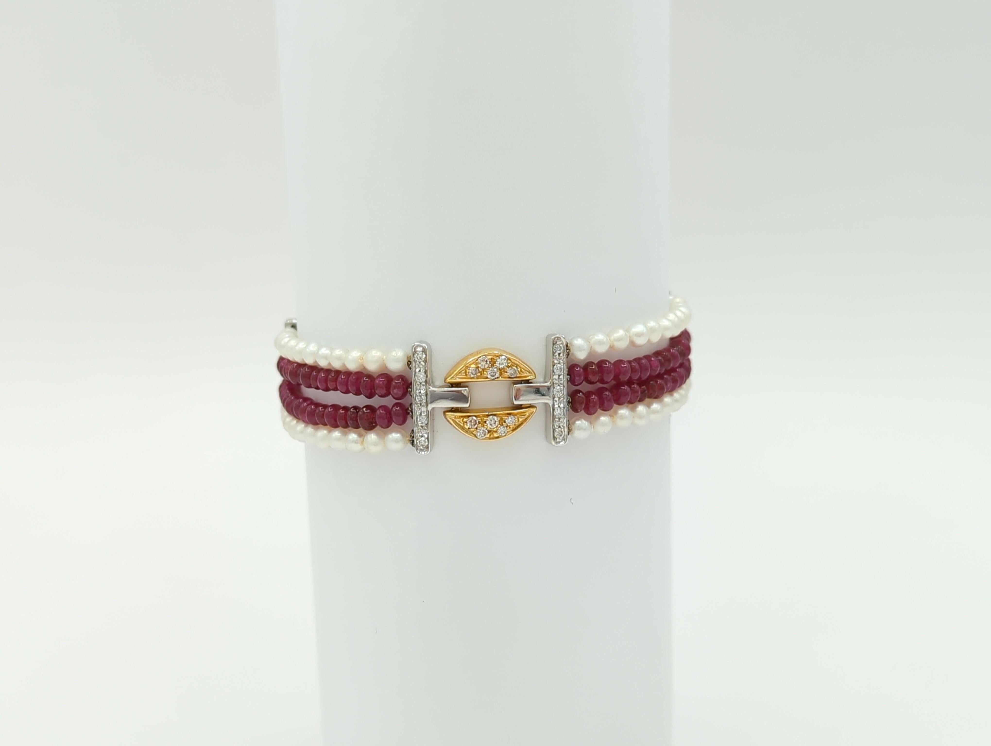 Ruby Bead, White Pearl, and White Diamond Bracelet in 18K 2 Tone Gold For Sale 6