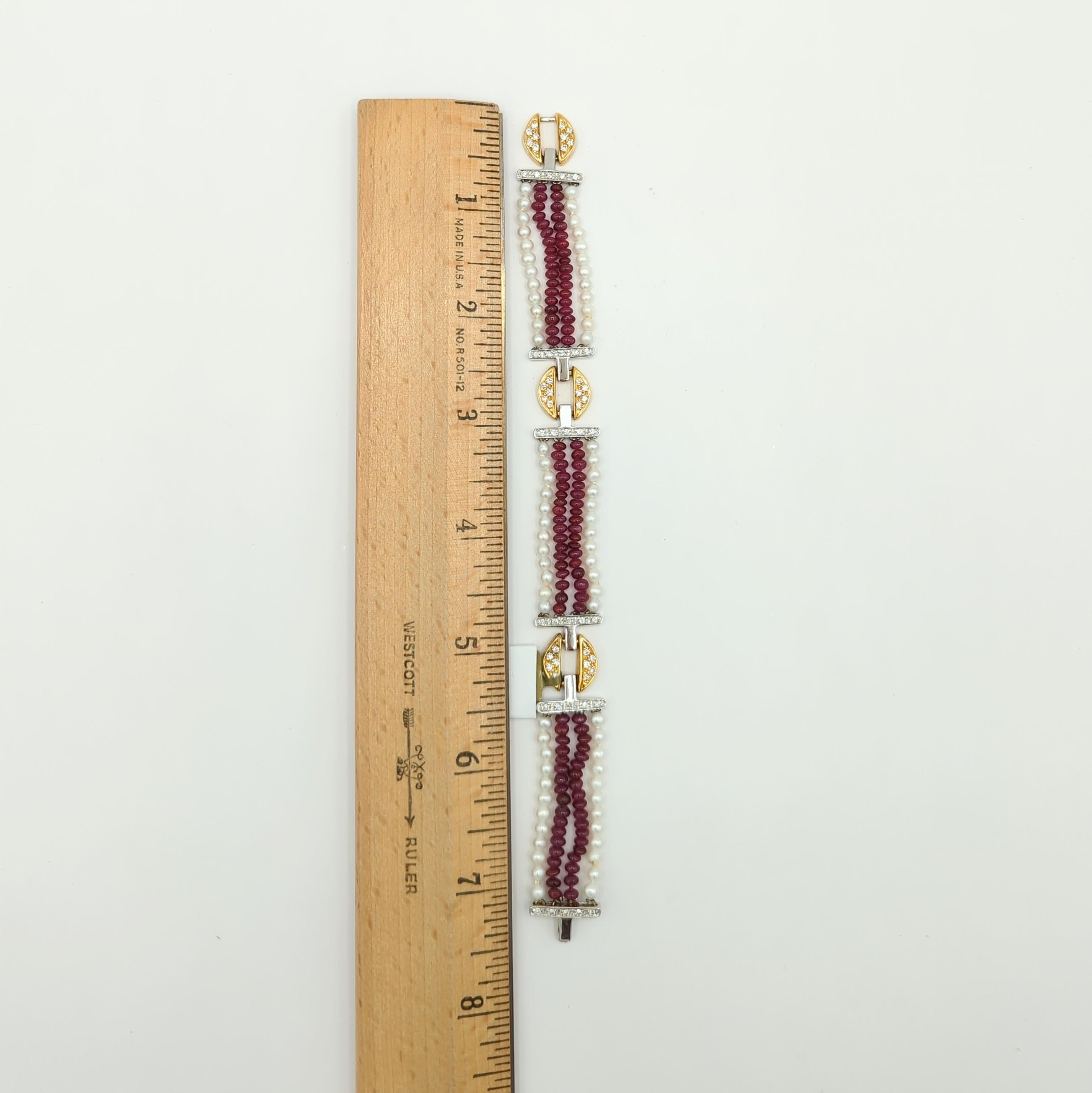 Ruby Bead, White Pearl, and White Diamond Bracelet in 18K 2 Tone Gold 7