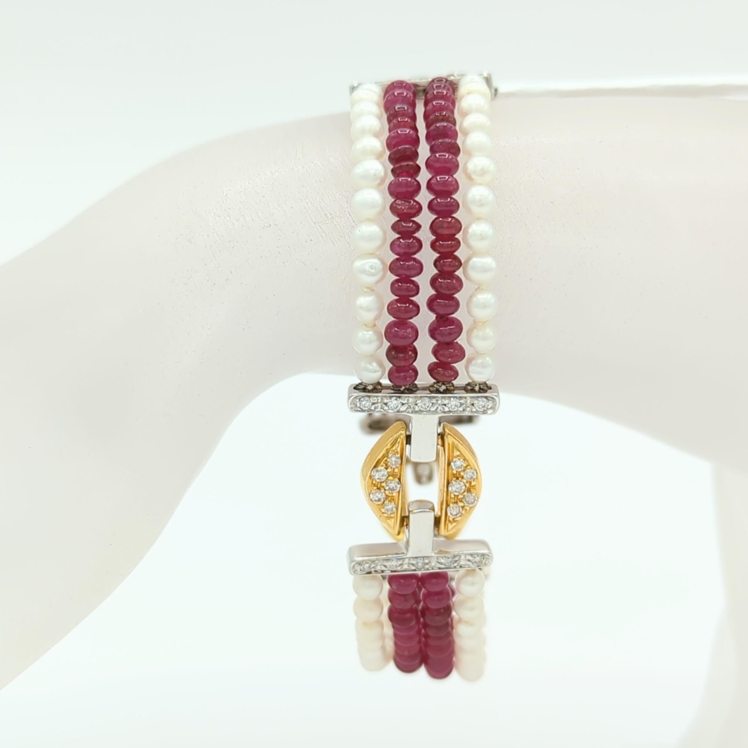 Round Cut Ruby Bead, White Pearl, and White Diamond Bracelet in 18K 2 Tone Gold For Sale
