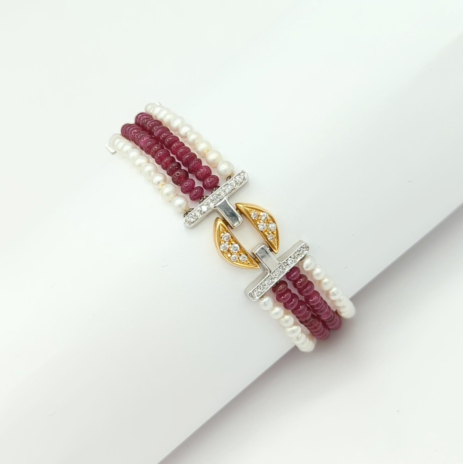 Women's or Men's Ruby Bead, White Pearl, and White Diamond Bracelet in 18K 2 Tone Gold