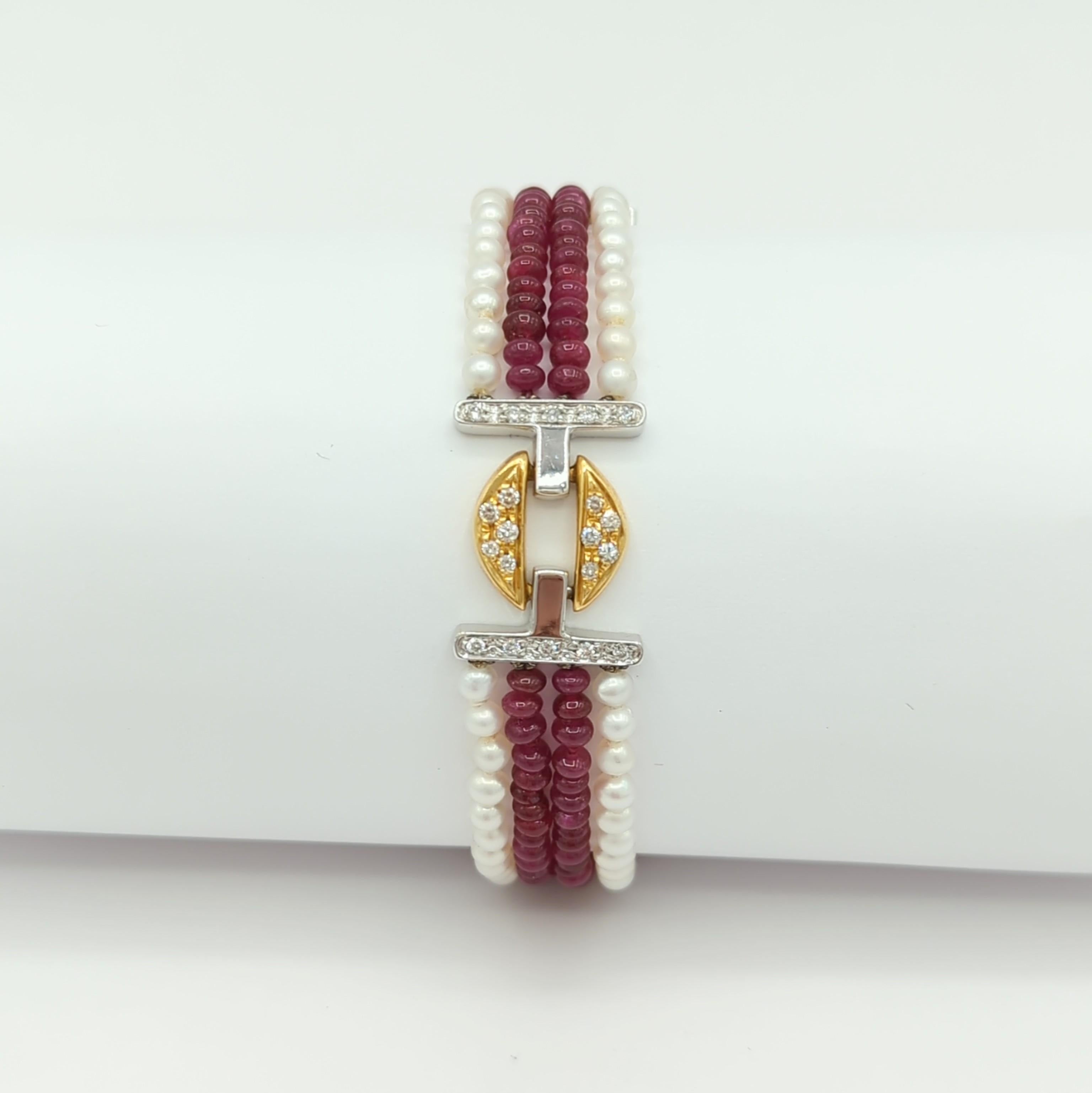 Ruby Bead, White Pearl, and White Diamond Bracelet in 18K 2 Tone Gold For Sale 2