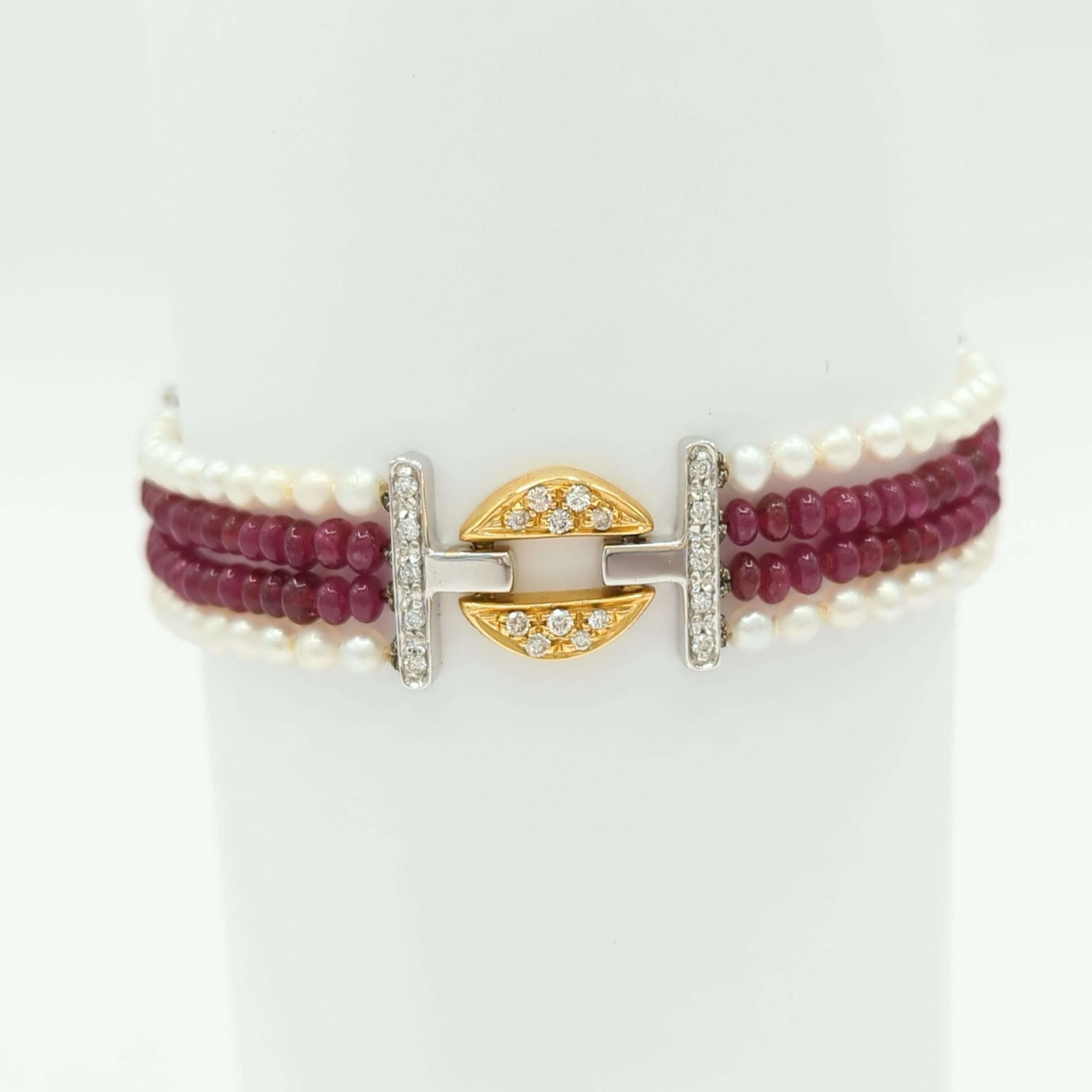 Ruby Bead, White Pearl, and White Diamond Bracelet in 18K 2 Tone Gold For Sale 3