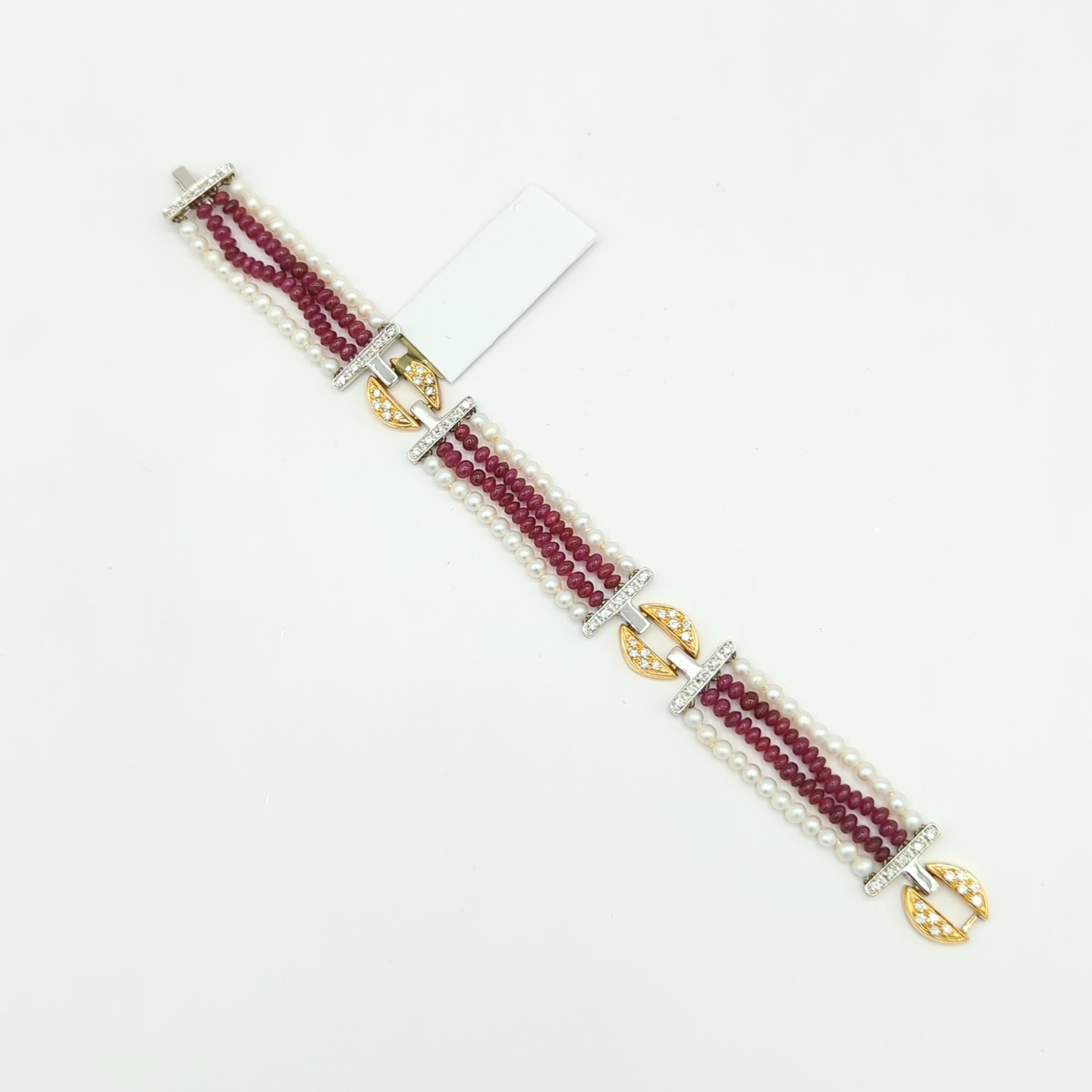 Ruby Bead, White Pearl, and White Diamond Bracelet in 18K 2 Tone Gold For Sale 4