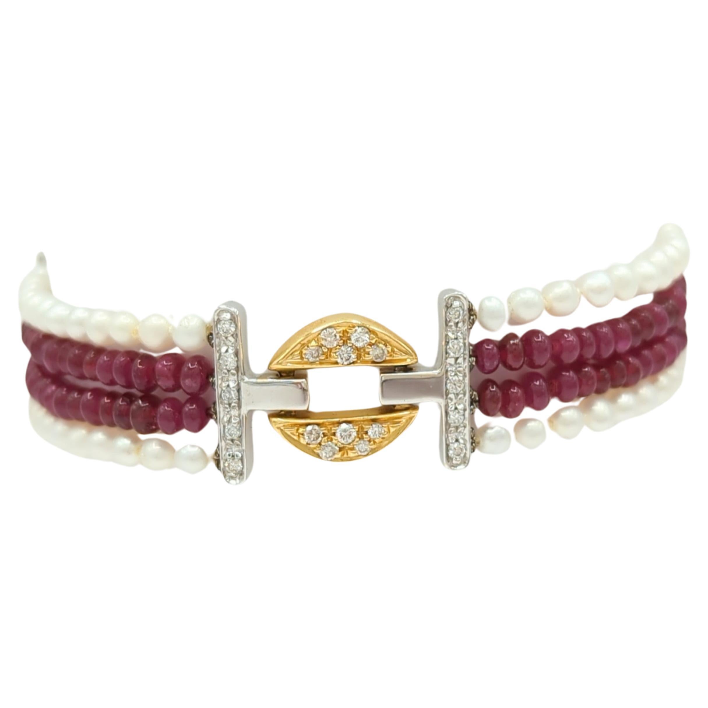 Ruby Bead, White Pearl, and White Diamond Bracelet in 18K 2 Tone Gold For Sale