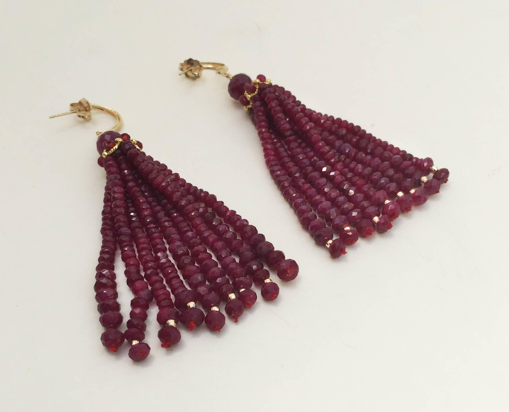 Artist Marina J. Elegant Tassel Earrings with Sparkling Ruby Beads and 14k Yellow Gold 