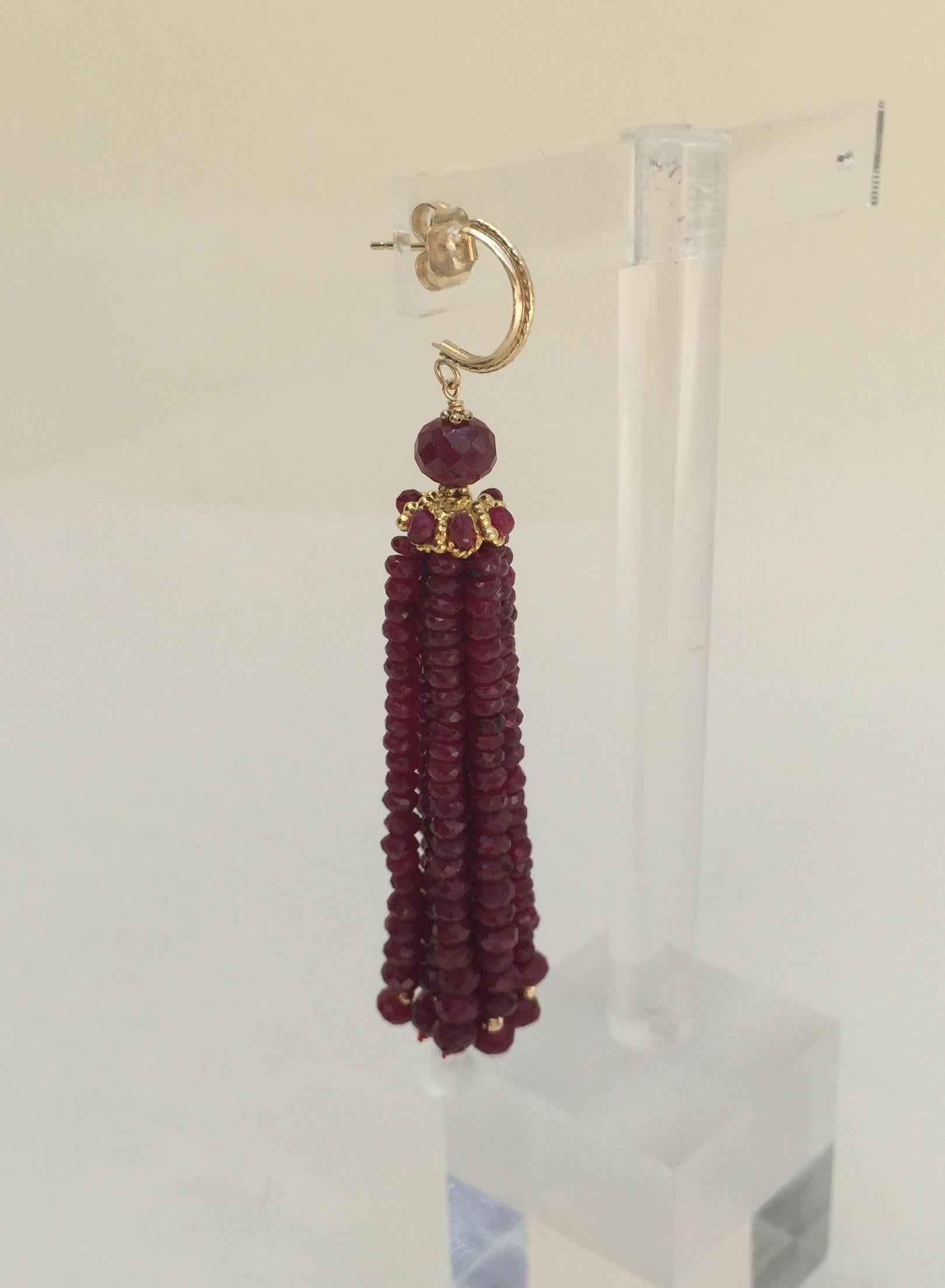 Brilliant Cut Marina J. Elegant Tassel Earrings with Sparkling Ruby Beads and 14k Yellow Gold 