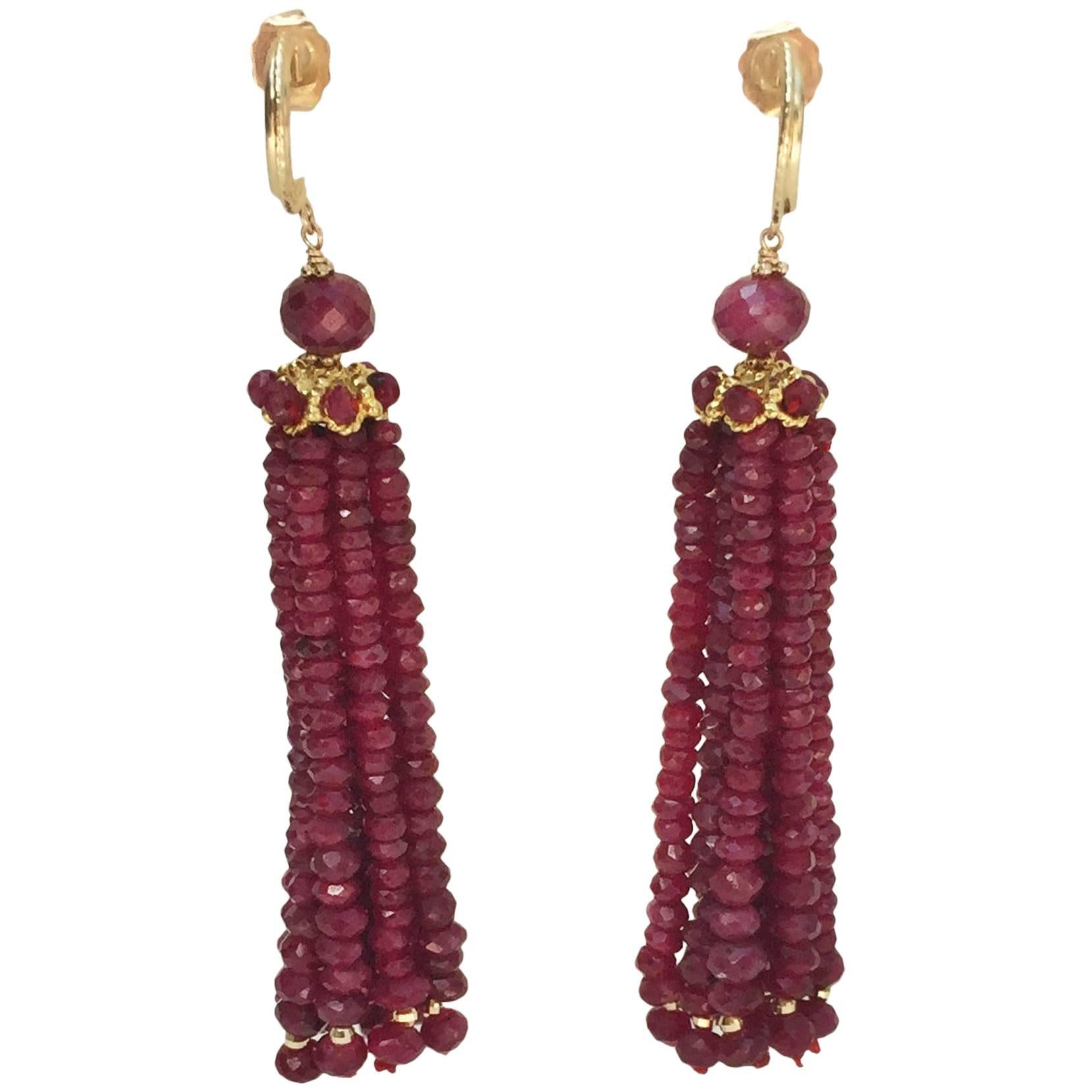 Marina J. Elegant Tassel Earrings with Sparkling Ruby Beads and 14k Yellow Gold 