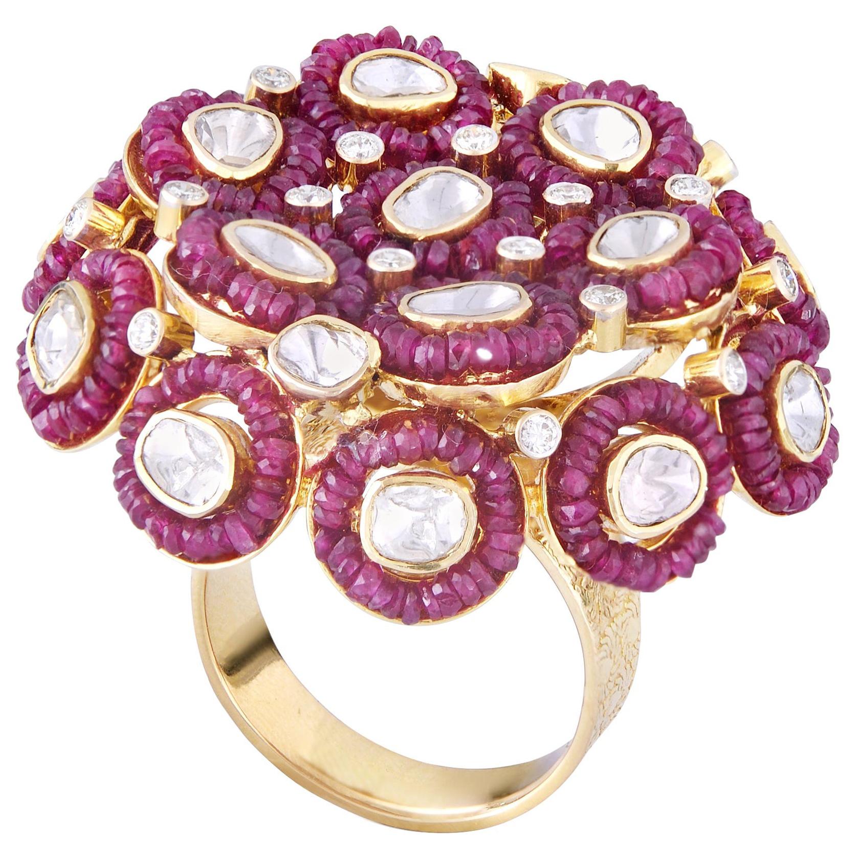 Ruby Beads 18k Gold Uncut Diamond Cocktail Ring
