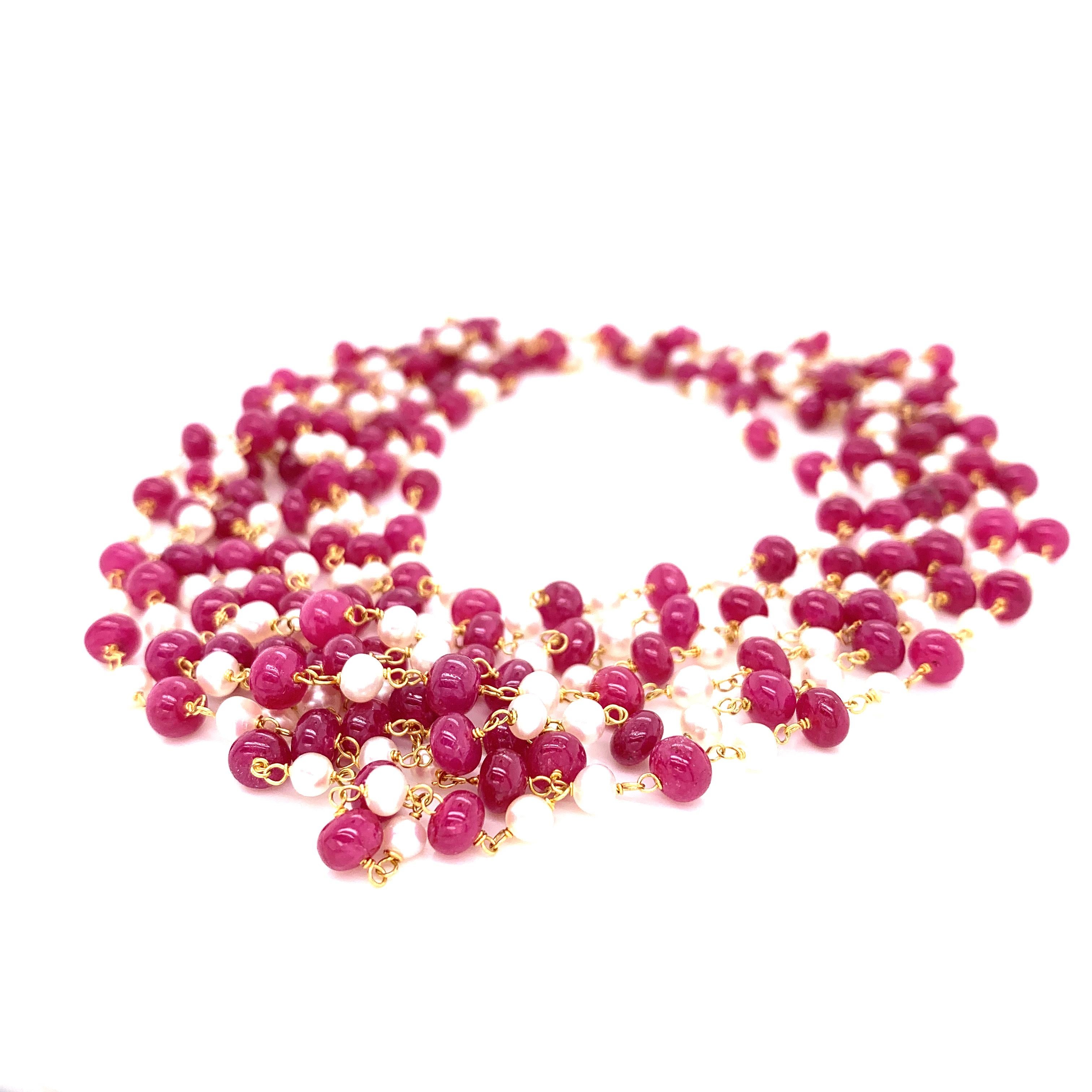 Contemporary Ruby Beads and Cultured South Sea Pearl 22 Karat Gold Necklace For Sale