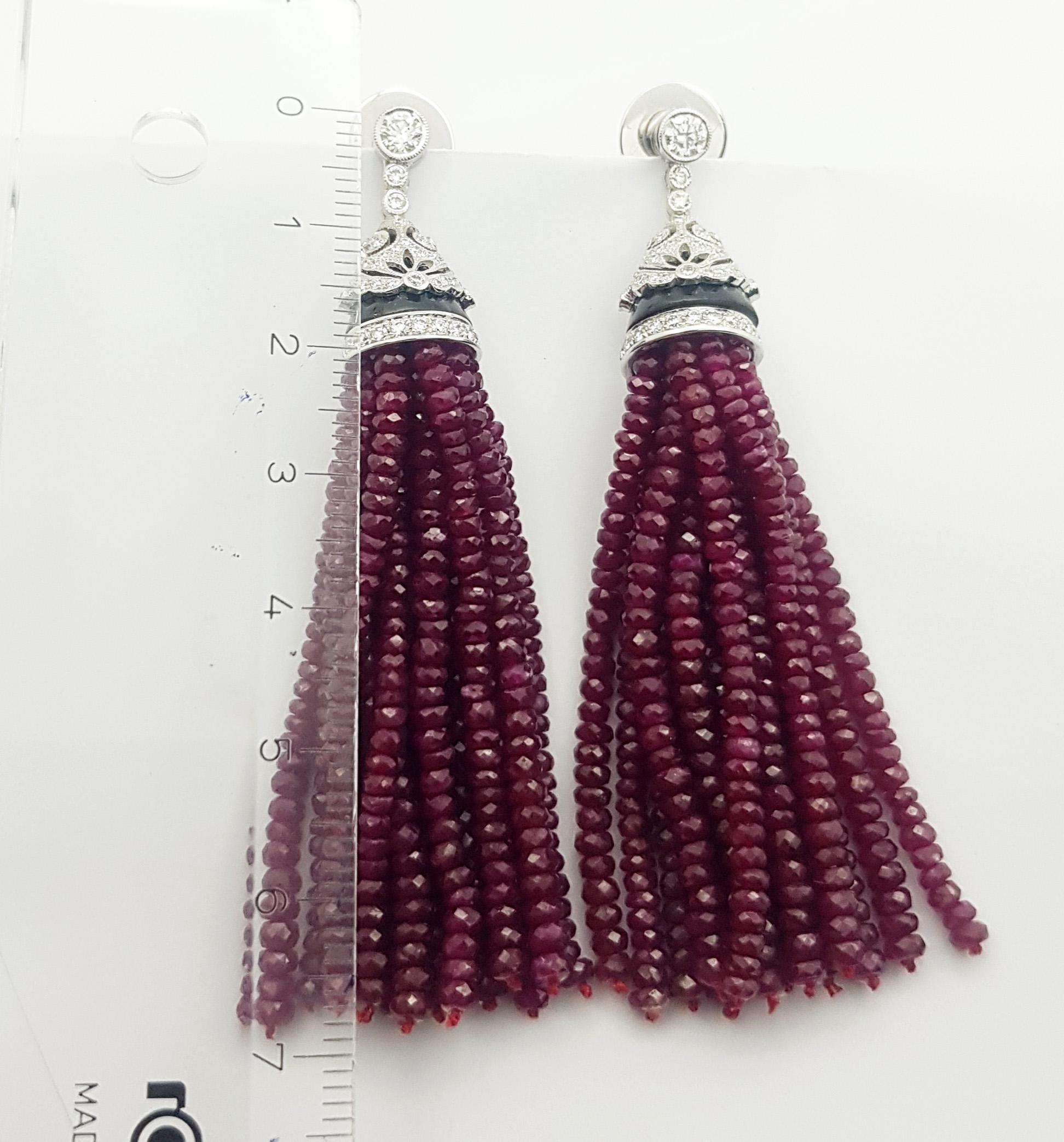 Ruby Beads, Diamond and Onyx Earrings set in 18K White Gold Settings For Sale 4