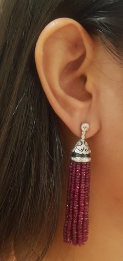 Ruby Beads, Diamond and Onyx Earrings set in 18K White Gold Settings