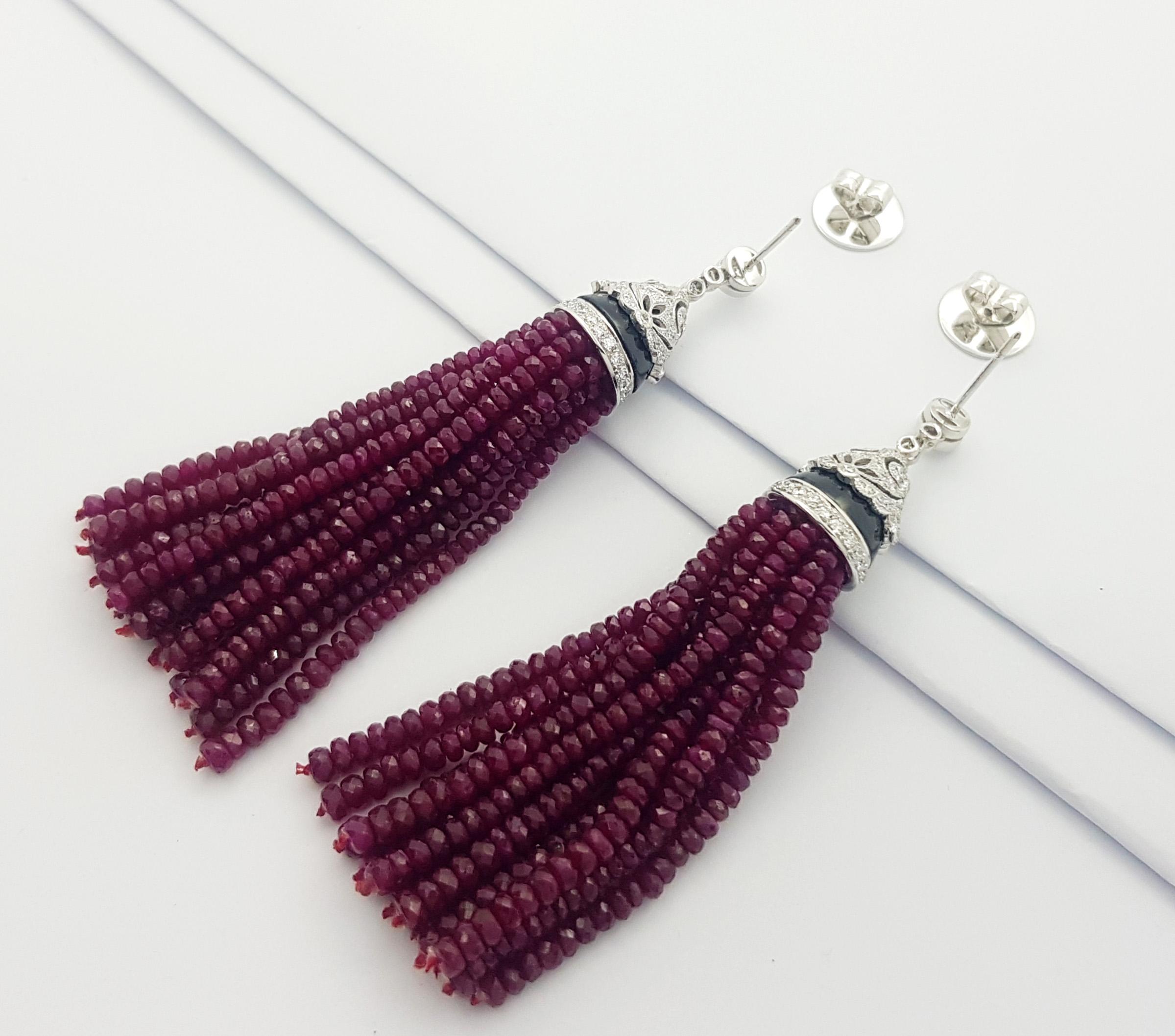 Ruby Beads, Diamond and Onyx Earrings set in 18K White Gold Settings For Sale 1