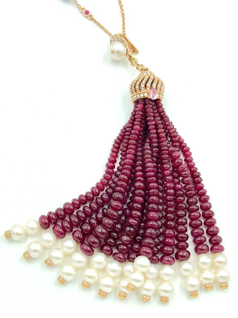 Ruby Beads Necklace with Pearls and Diamonds 18 Karat Gold For Sale at