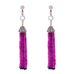 Ruby Beads Tassel Earrings with Diamonds and Onyx, 18k