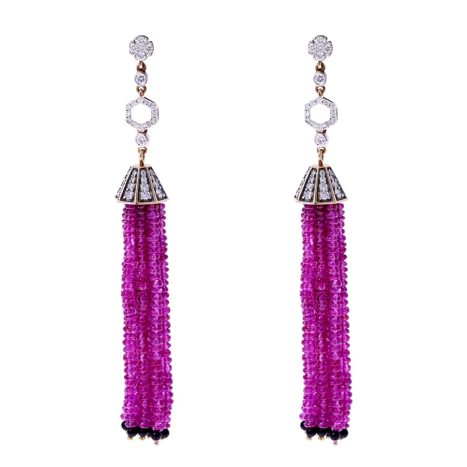 Ruby Beads Tassel Earrings with Diamonds and Onyx, 18k In New Condition For Sale In New York, NY