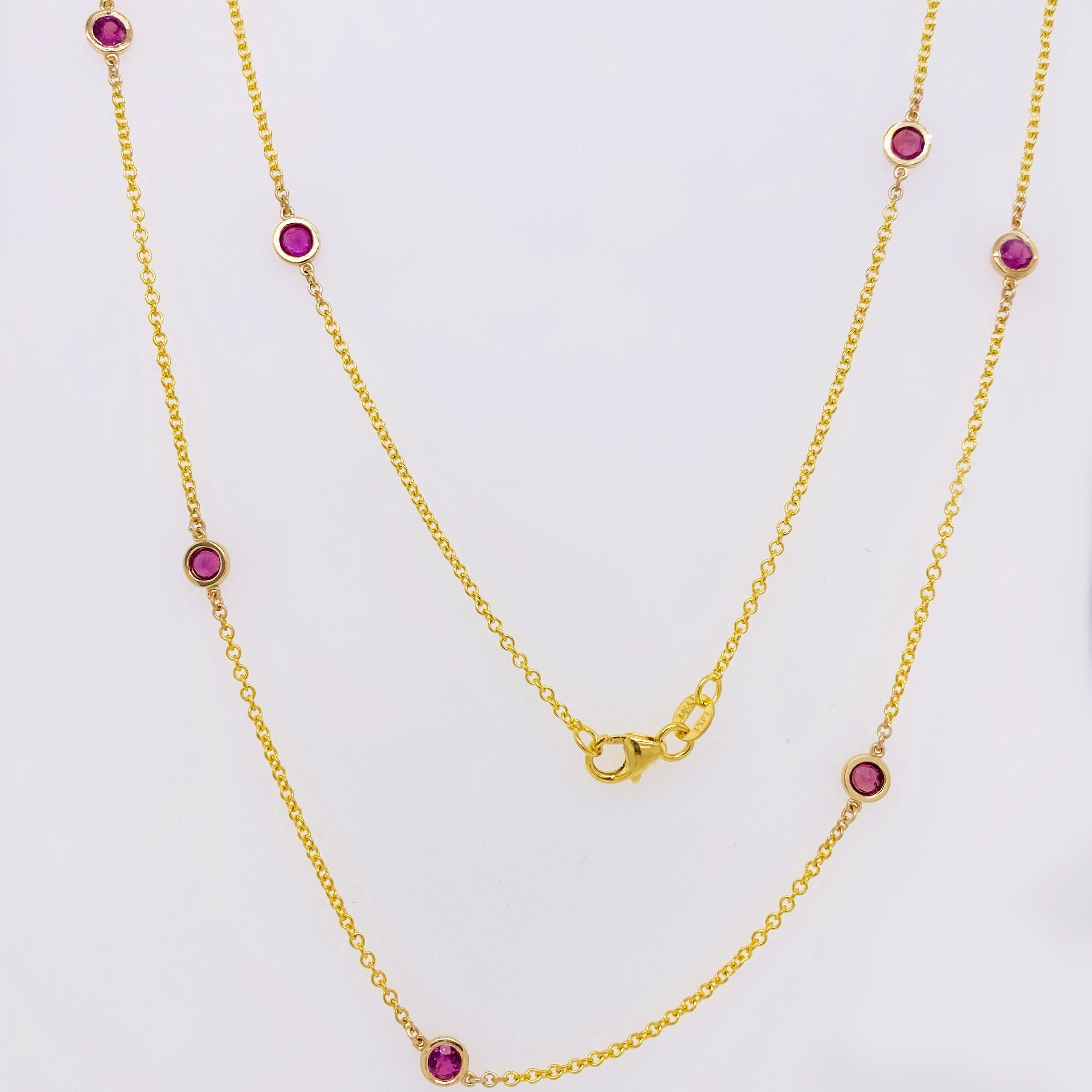 Modern Ruby Bezel Necklace, 14 Karat Gold, Rubies by the Yard Necklace, Ruby Chain