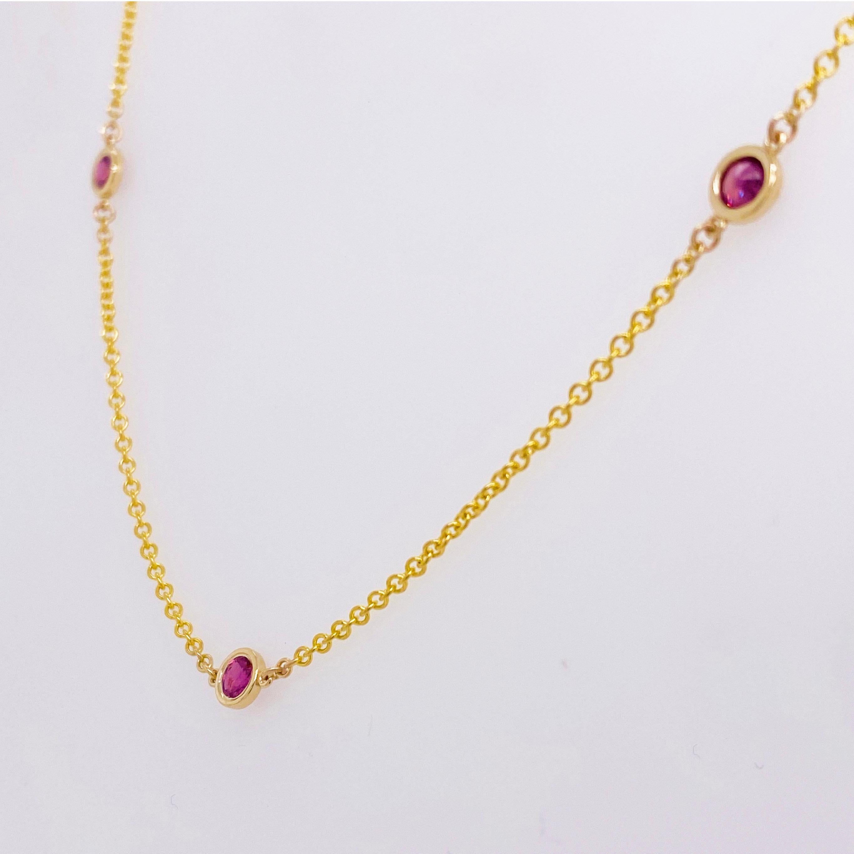 Round Cut Ruby Bezel Necklace, 14 Karat Gold, Rubies by the Yard Necklace, Ruby Chain