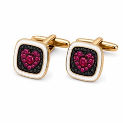 Boutons de manchette en forme de cœur avec rubis (pierre de naissance), émail blanc, or 14 carats, par MEGHNA JEWELS