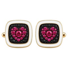 Boutons de manchette en forme de cœur avec rubis (pierre de naissance), émail blanc, or 14 carats, par MEGHNA JEWELS