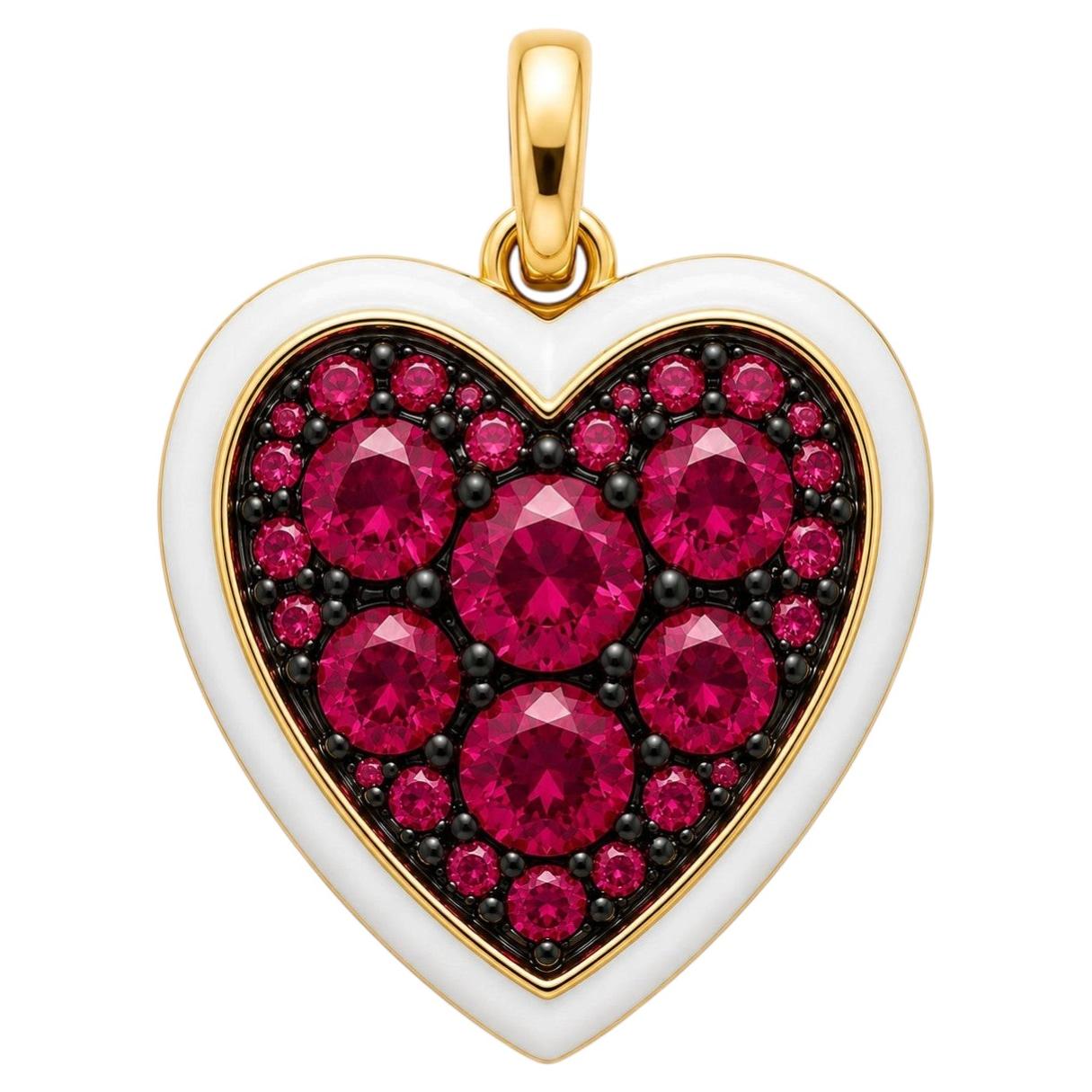 Ruby Birthstone Heart Pendant White Enamel 14 Karat Gold by Meghna Jewels
