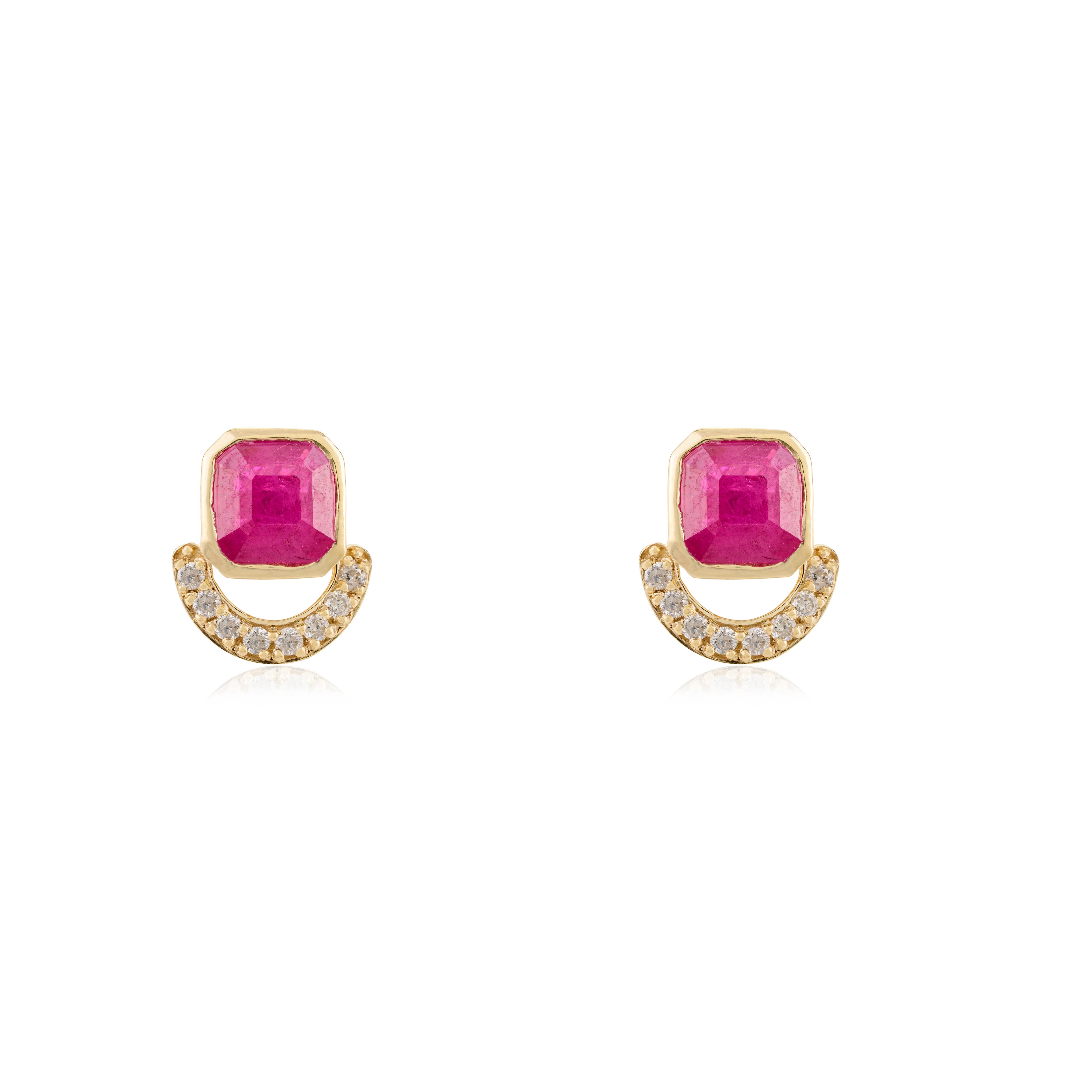 Ruby Birthstone Stud Earrings with Diamonds for Women in 14K Gold to make a statement with your look. You shall need stud earrings to make a statement with your look. These earrings create a sparkling, luxurious look featuring ascher cut ruby and