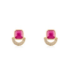 Ruby Birthstone Stud Earrings with Diamonds for Women in 14k Solid Yellow Gold