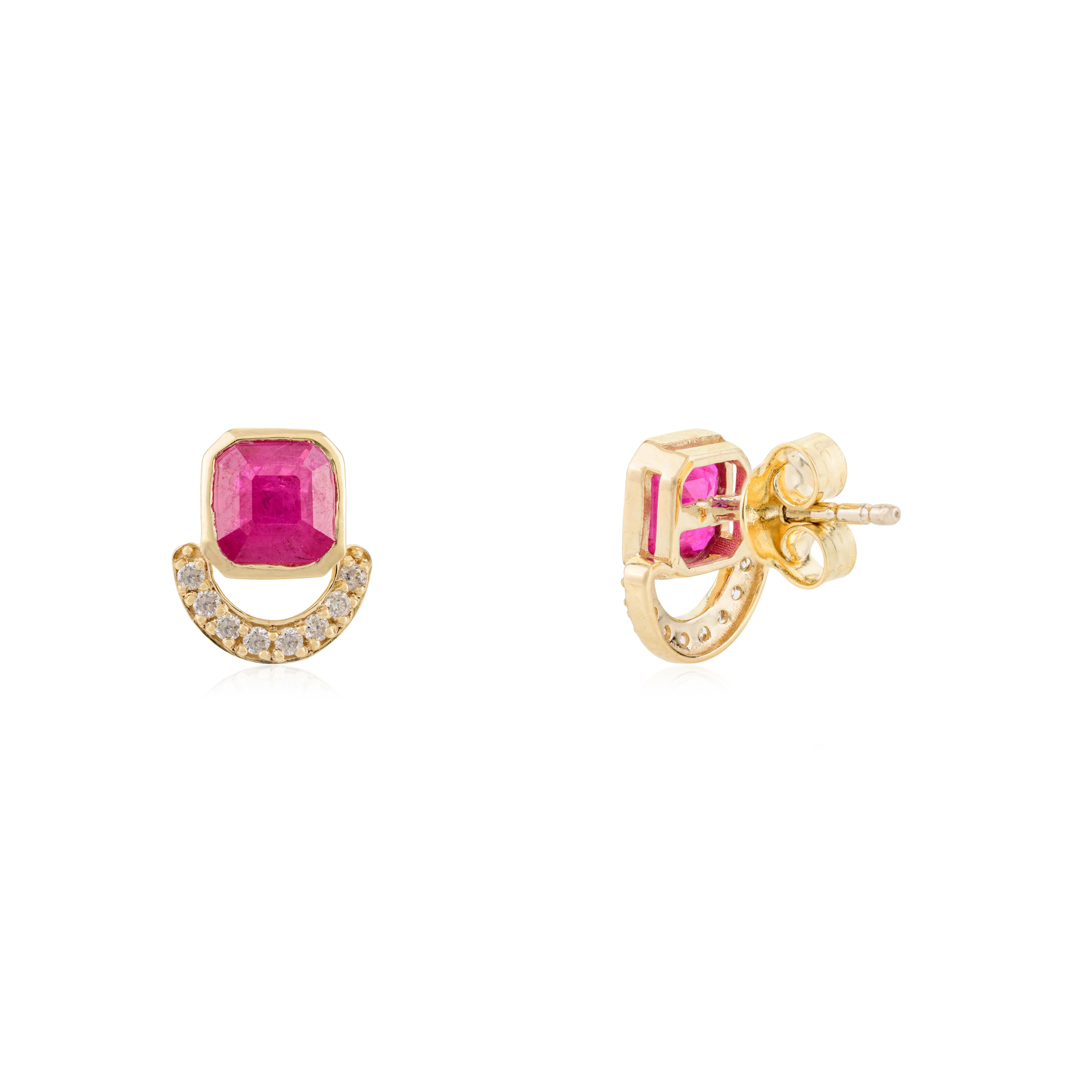 Asscher Cut Ruby Birthstone Stud Earrings with Diamonds for Women in 14k Solid Yellow Gold For Sale