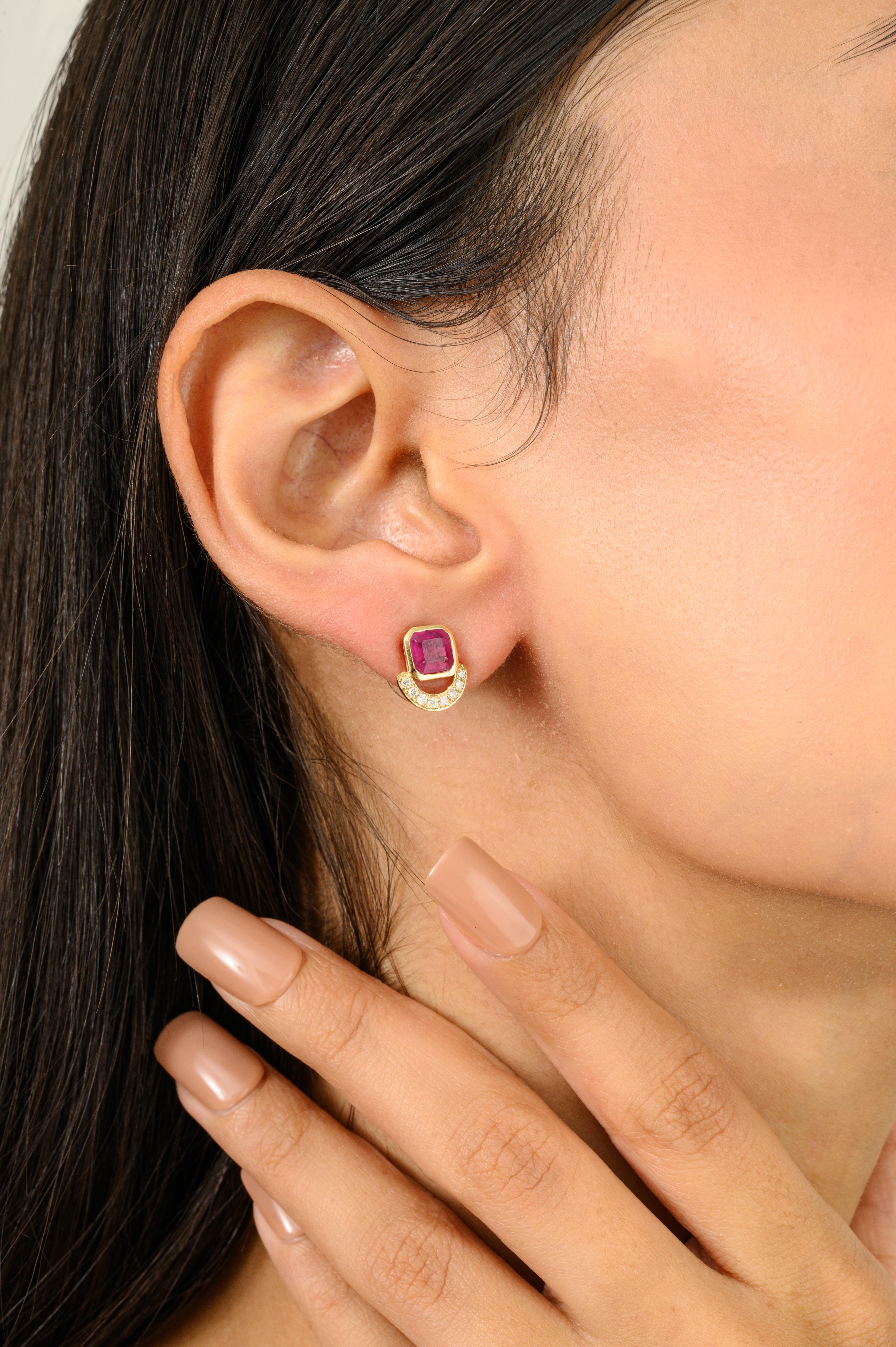 Ruby Birthstone Stud Earrings with Diamonds for Women in 14k Solid Yellow Gold In New Condition For Sale In New York, NY