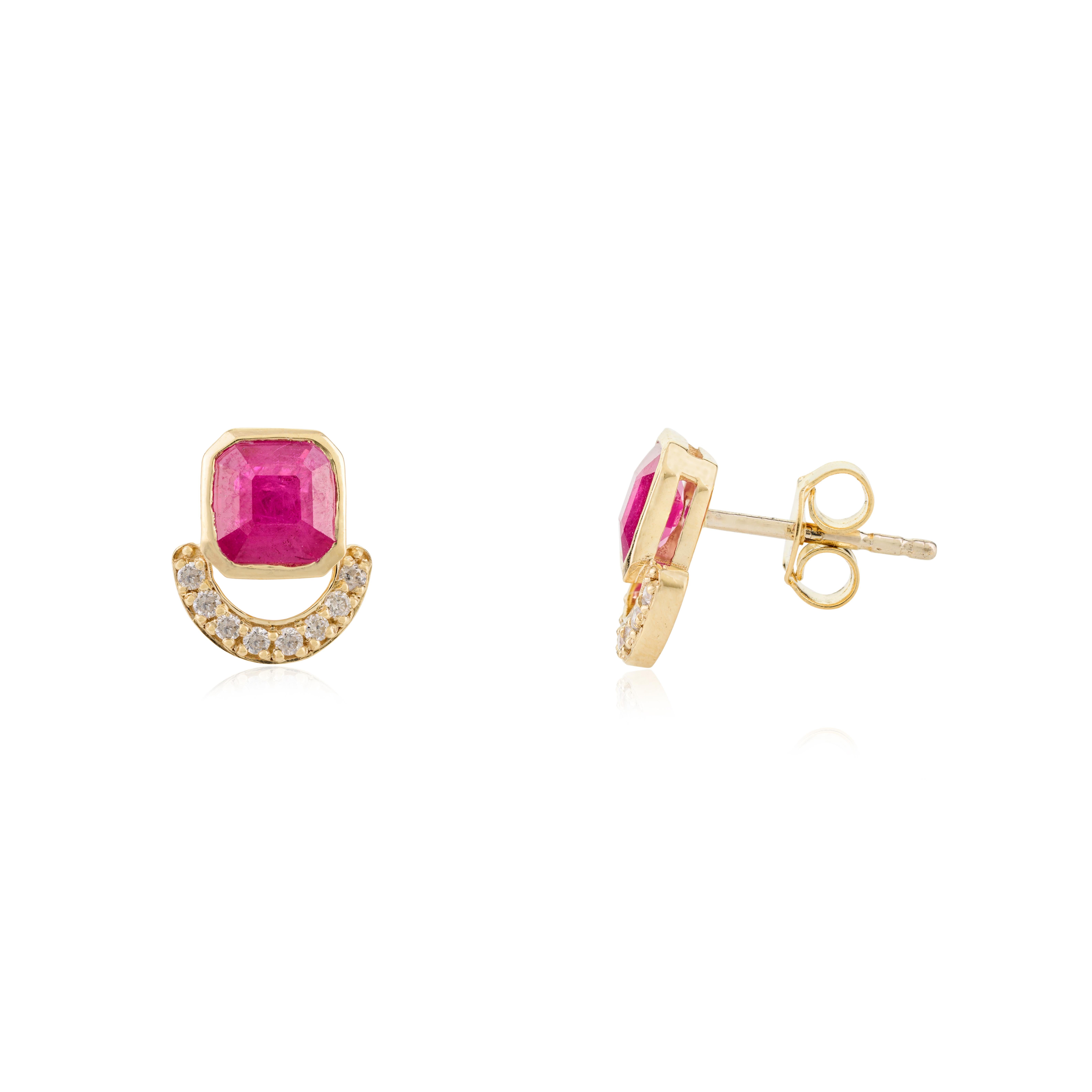 Ruby Birthstone Stud Earrings with Diamonds for Women in 14k Solid Yellow Gold For Sale 1