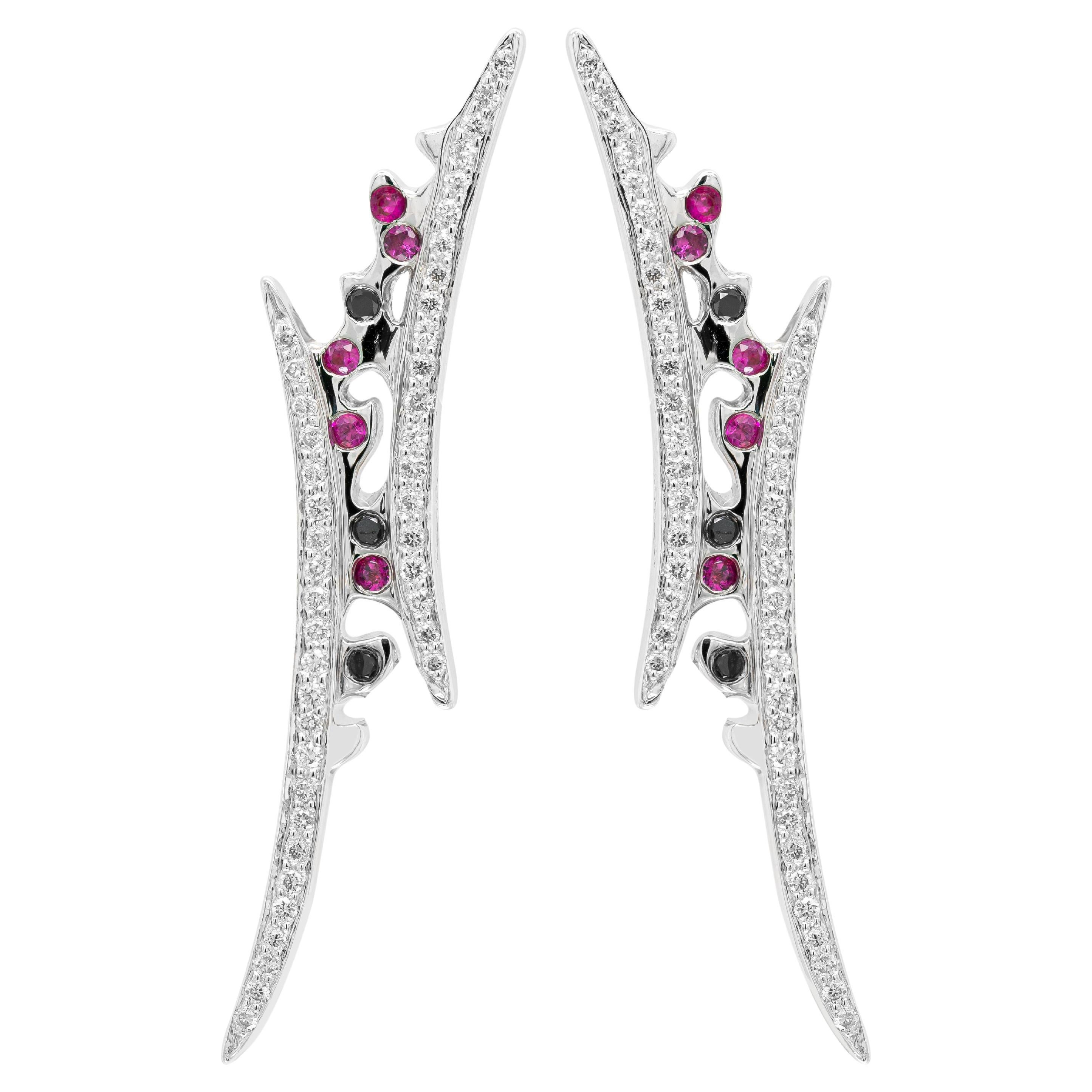 Ruby, Black and White Diamond 18 Carat White Gold Stud Earrings For Sale