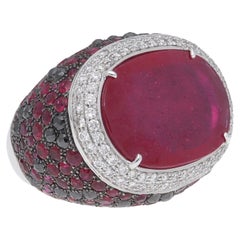 Fraleoni 18 Karat White Gold Ruby Black and White Diamonds Cocktail Ring