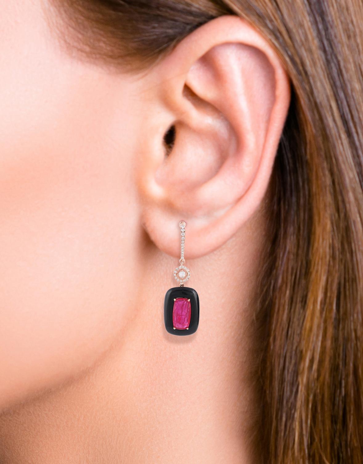 Contemporary Ruby, Black Onyx & Diamond Earrings Studded in 18K Gold For Sale
