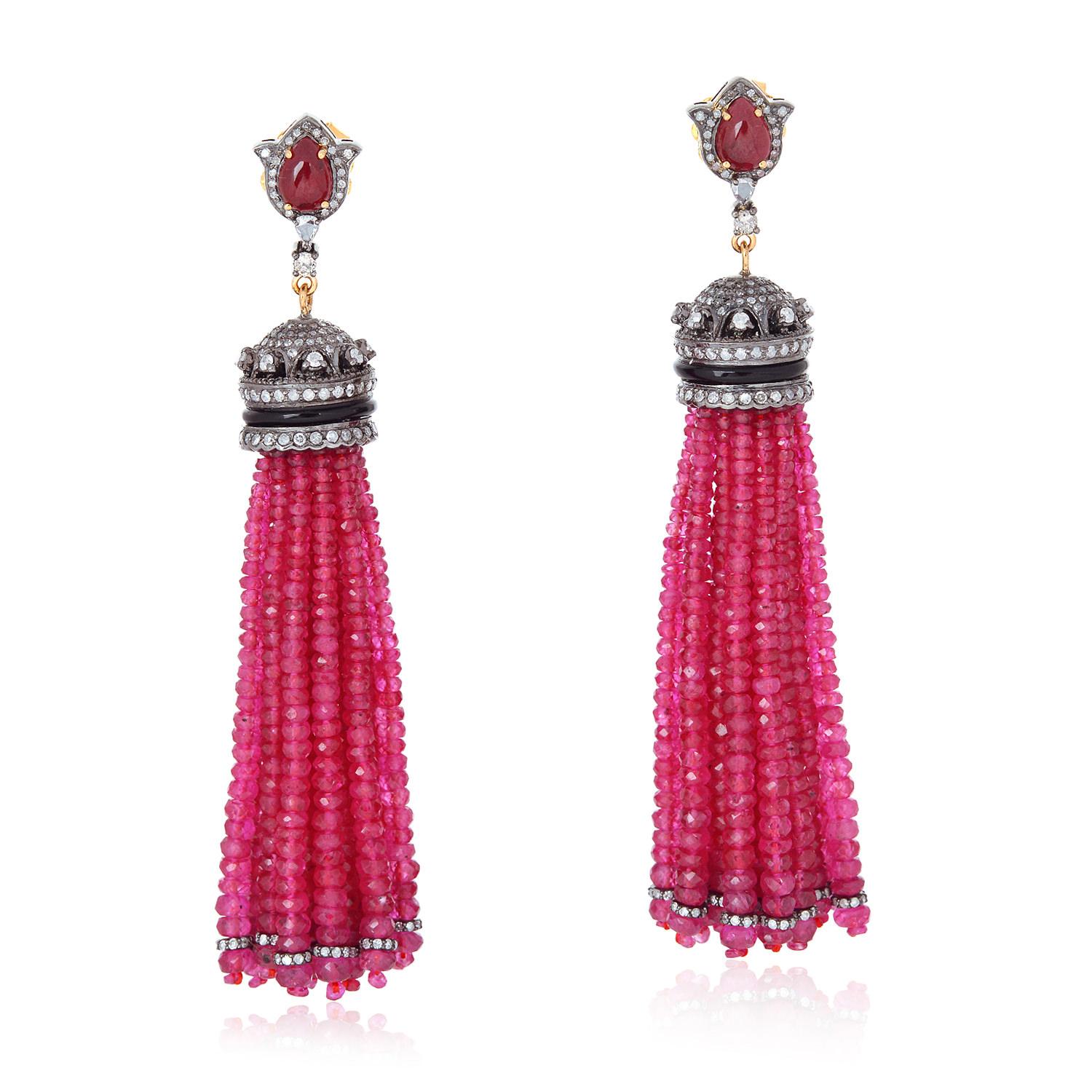 Art Deco Ruby & Black Onyx Tassel Earring with Diamonds Made in 18k Gold & Silver For Sale