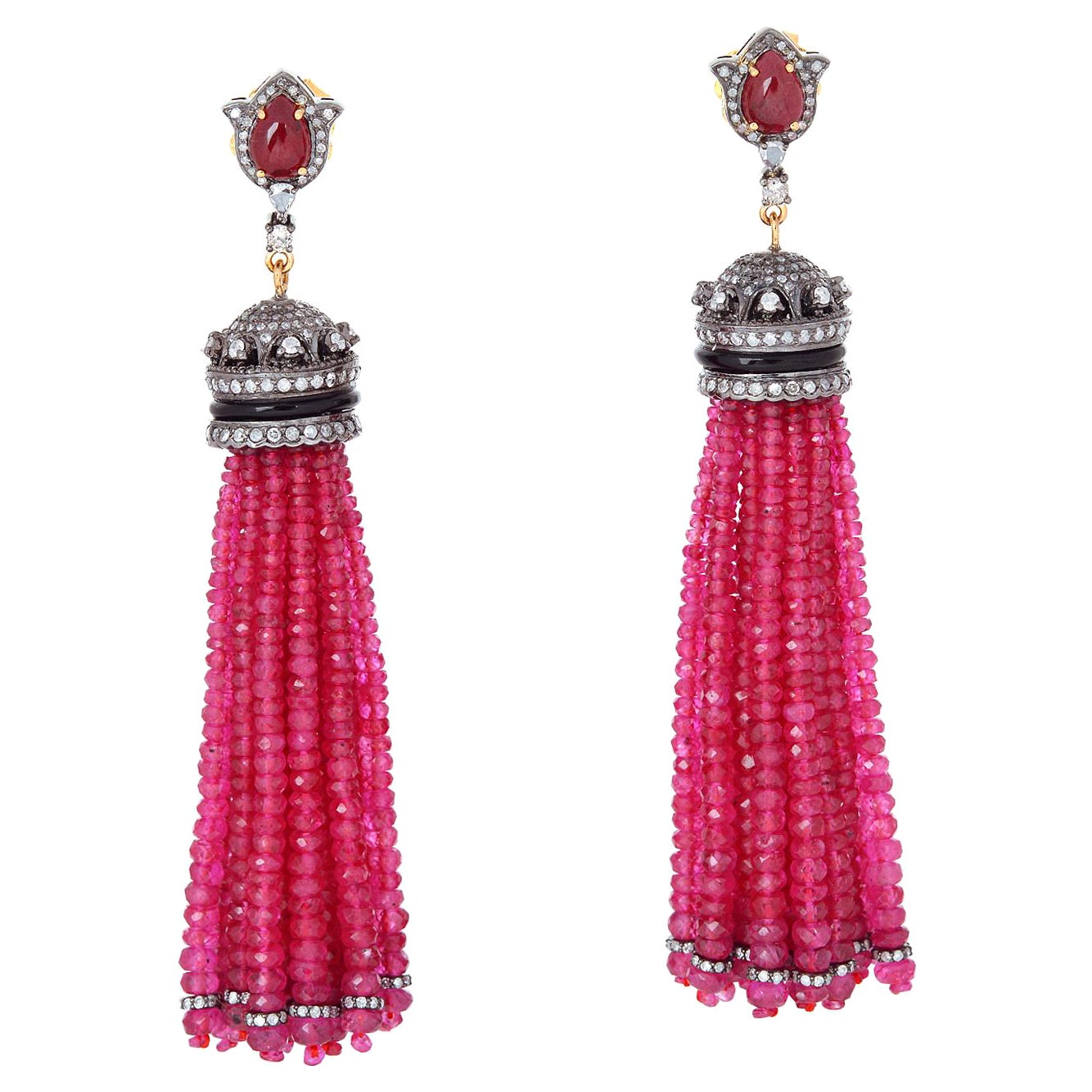 Boucles d'oreilles à pompon en or et argent 18 carats, rubis et onyx noir avec diamants