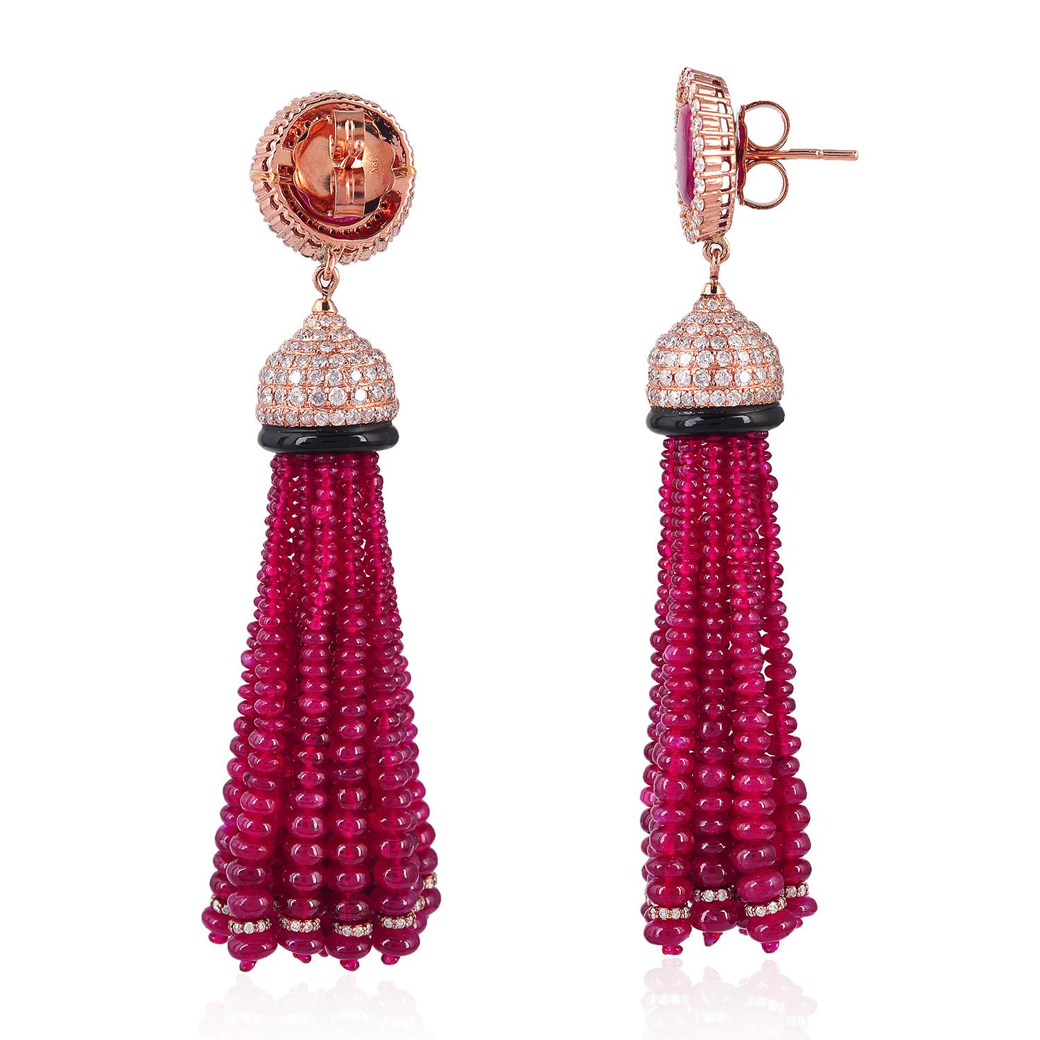 Art Nouveau Ruby & Black Onyx Tassel Earrings with Diamonds Made in 18k Rose Gold For Sale