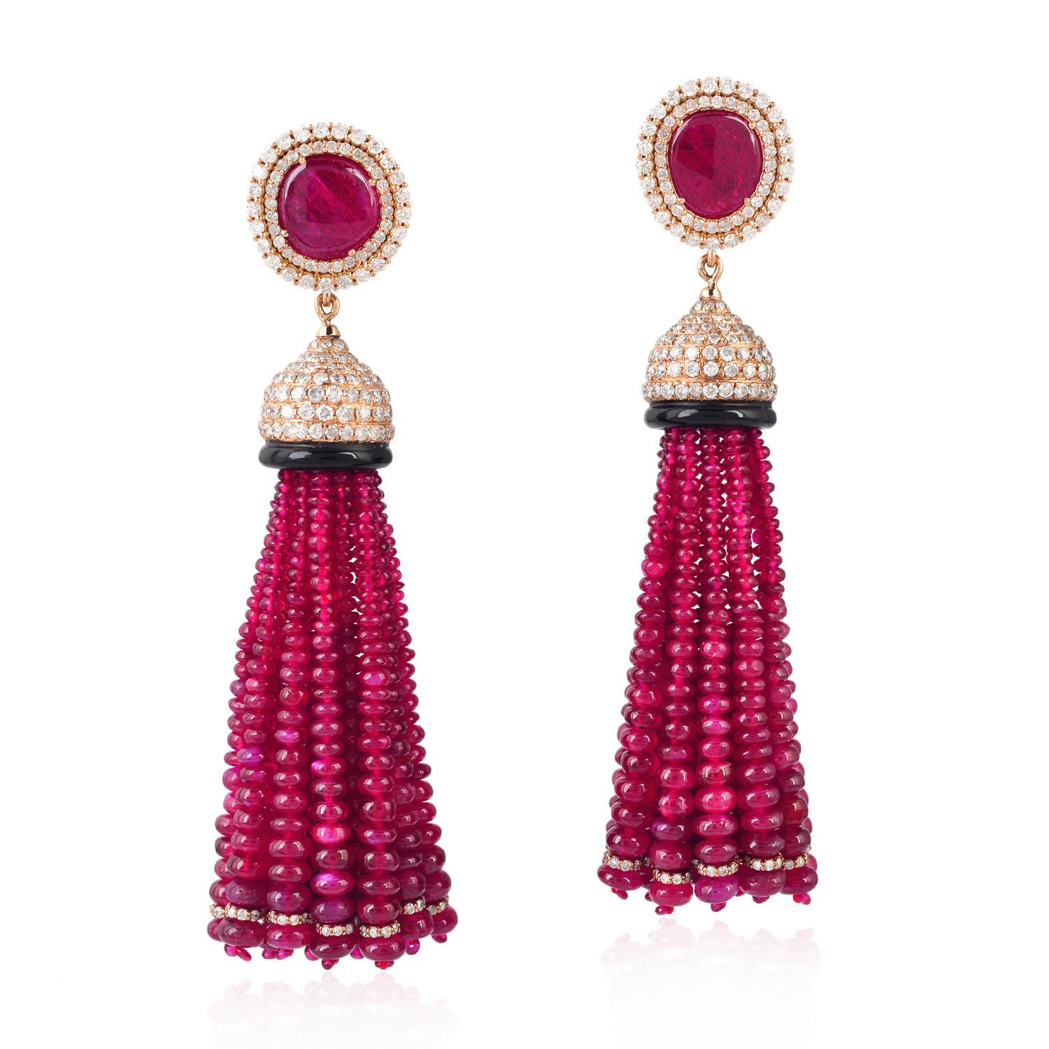 Mixed Cut Ruby & Black Onyx Tassel Earrings with Diamonds Made in 18k Rose Gold For Sale