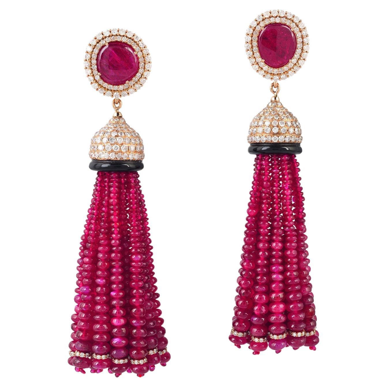 Ruby & Black Onyx Tassel Earrings with Diamonds Made in 18k Rose Gold For Sale
