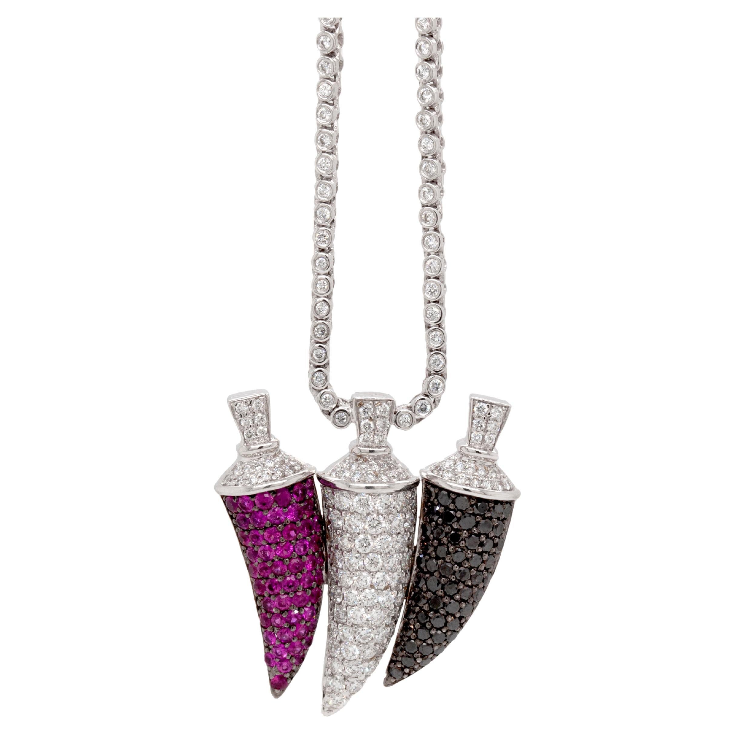 Ruby, Black & White Diamond 18K White Gold Three Horn Pendant and Diamond Chain