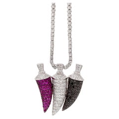 Ruby, Black & White Diamond 18K White Gold Three Horn Pendant and Diamond Chain