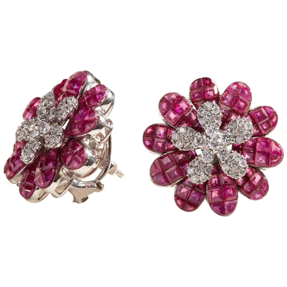Ruby Blazing Flower Earrings with Diamonds For Sale