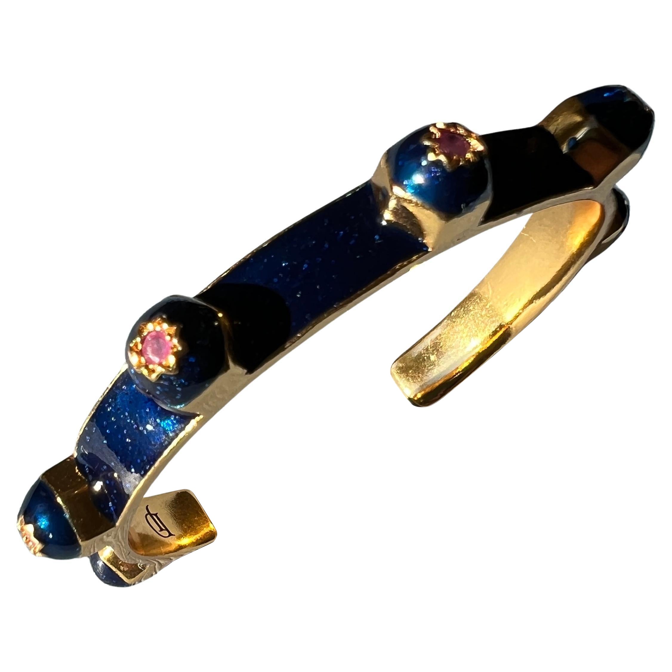 Blue Enamel Cuff Bracelet Ruby Studs Statement piece For Sale