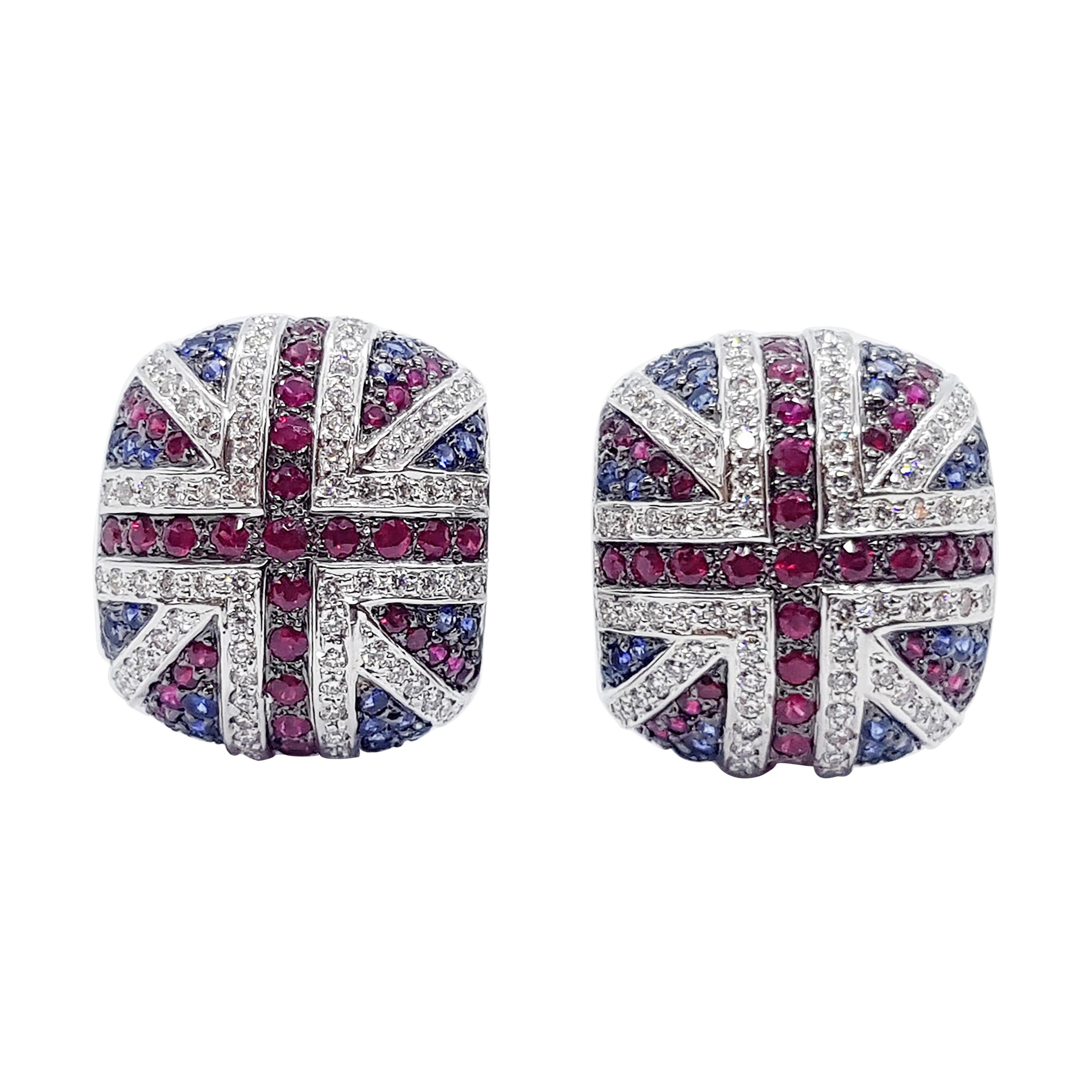 Ruby, Blue Sapphire and Diamond British Flag Earrings in 18 Karat White Gold