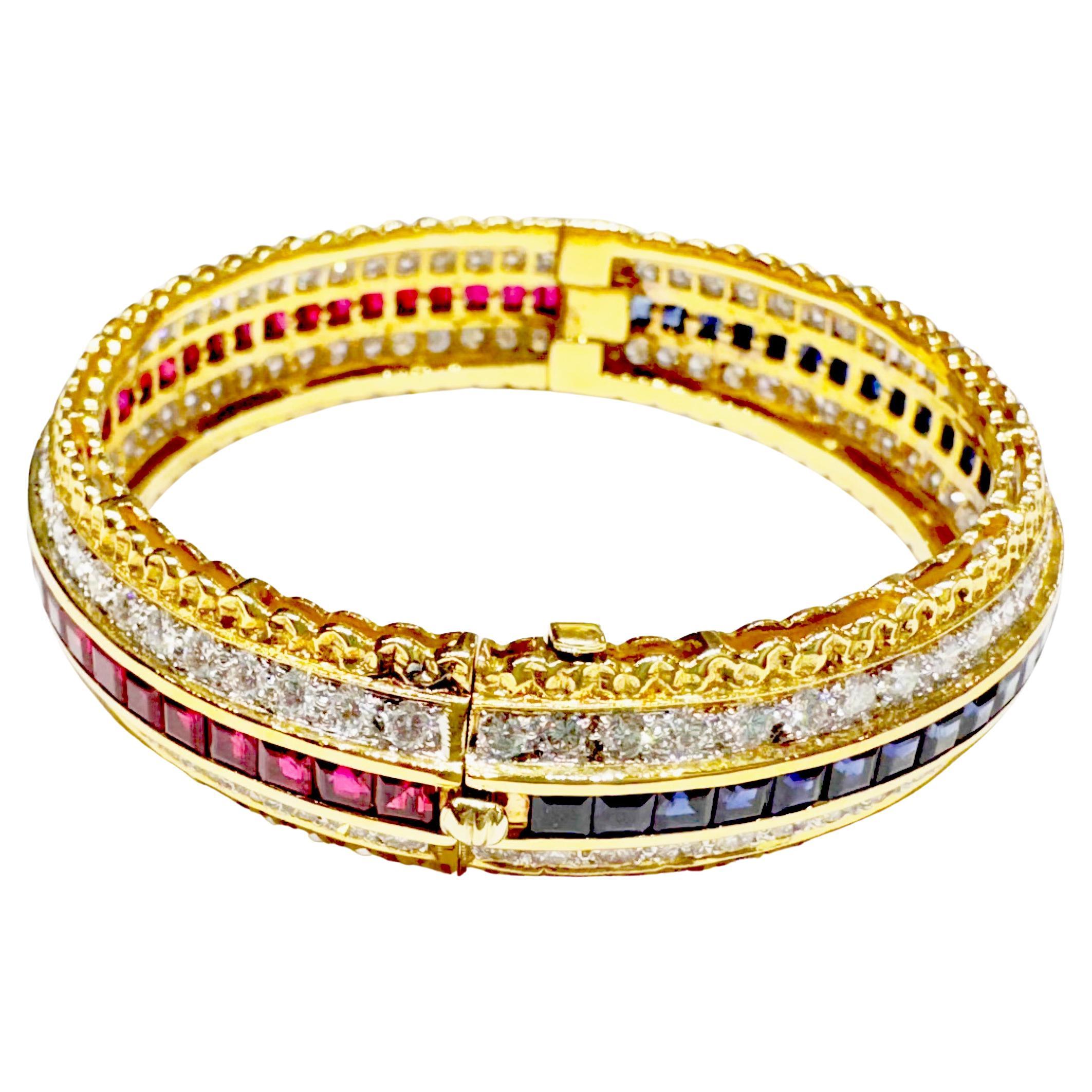 Ruby, Blue Sapphire and Diamond Double Sided Bangle set in 18K Gold Settings