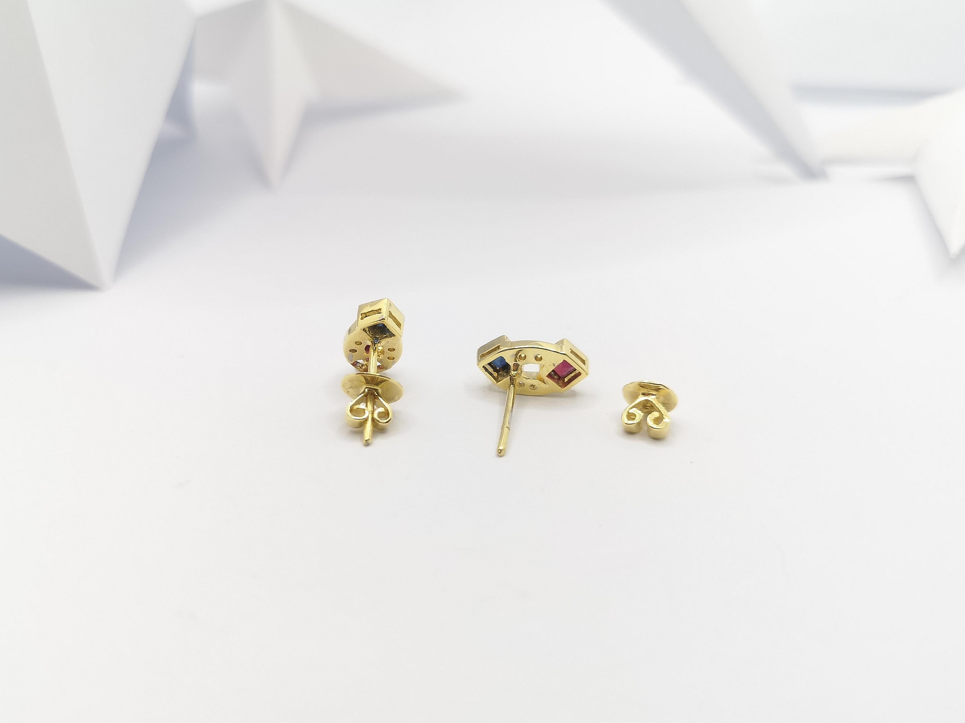 Princess Cut Ruby, Blue Sapphire and Diamond Earrings Set in 18 Karat Gold Settings For Sale