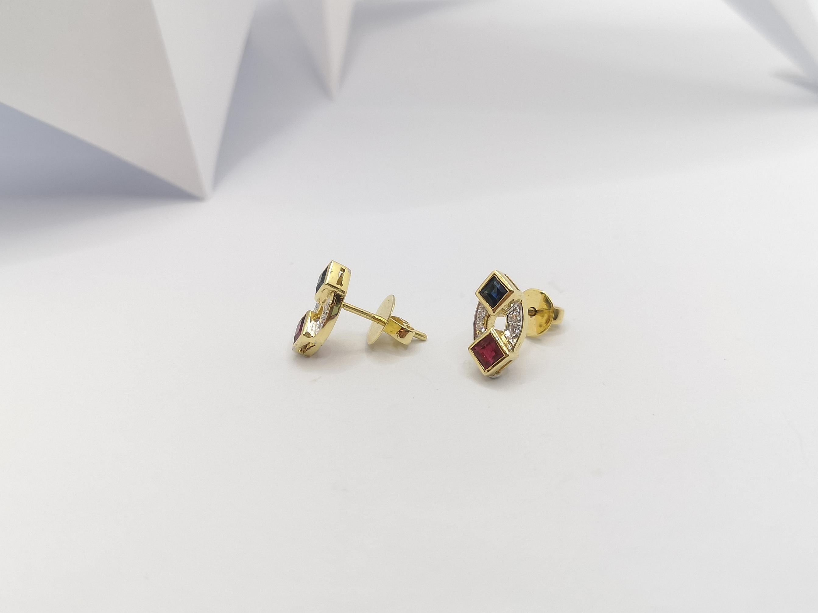 Ruby, Blue Sapphire and Diamond Earrings Set in 18 Karat Gold Settings In New Condition For Sale In Bangkok, TH