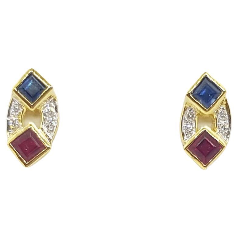Ruby, Blue Sapphire and Diamond Earrings Set in 18 Karat Gold Settings For Sale