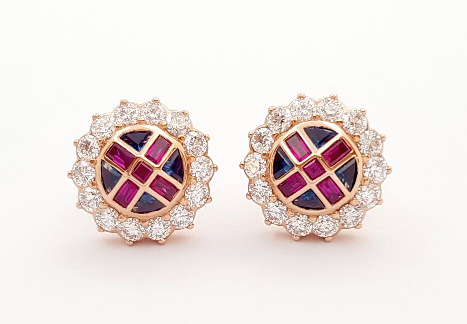 Mixed Cut Ruby, Blue Sapphire and Diamond Earrings set in 18K Rose Gold Settings For Sale