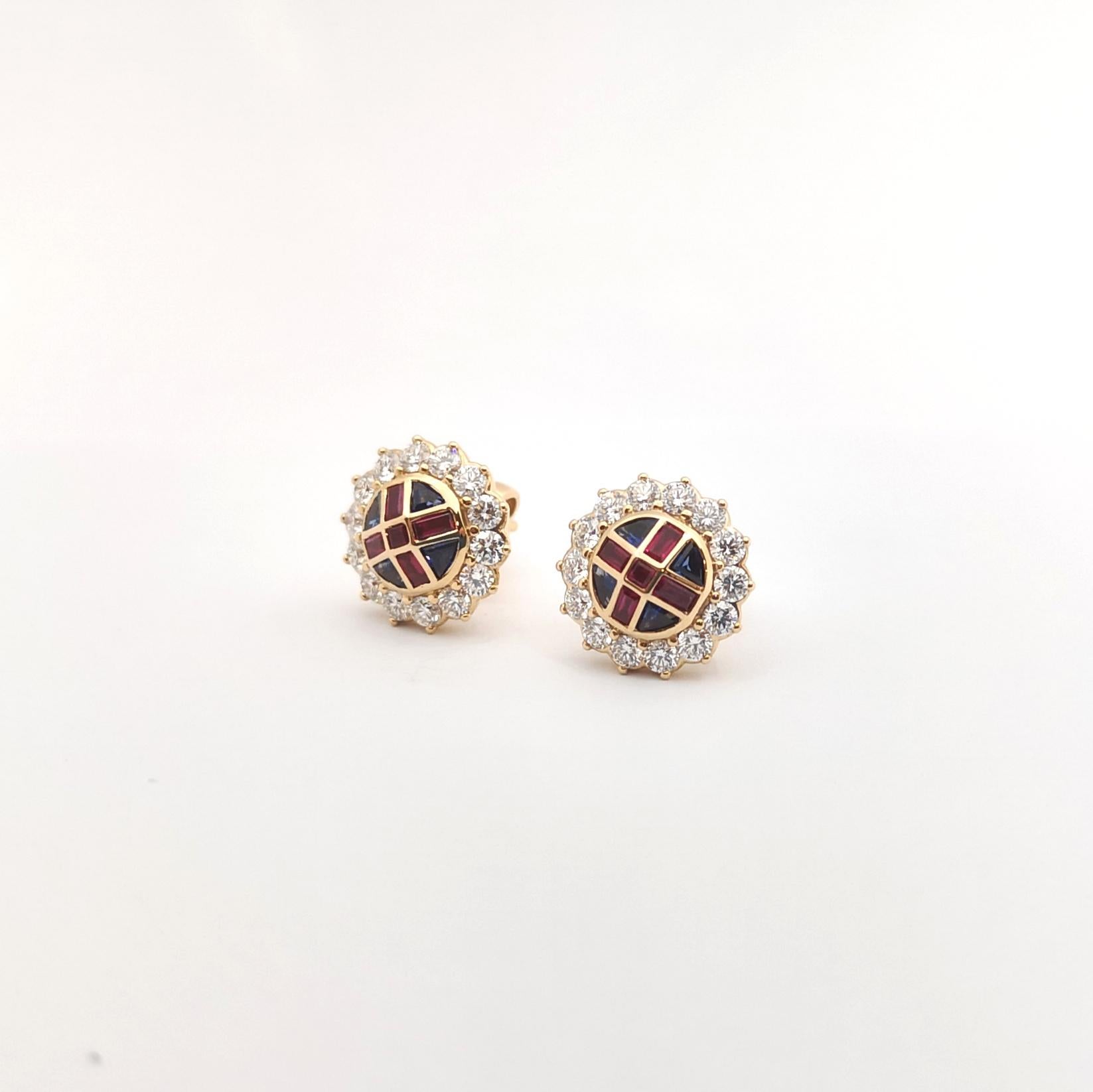 Women's Ruby, Blue Sapphire and Diamond Earrings set in 18K Rose Gold Settings For Sale