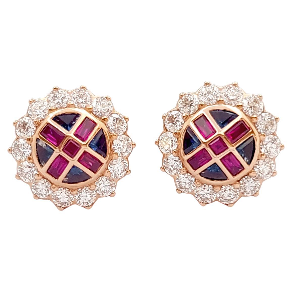 Boucles d'oreilles rubis, saphir bleu et diamant en or rose 18 carats